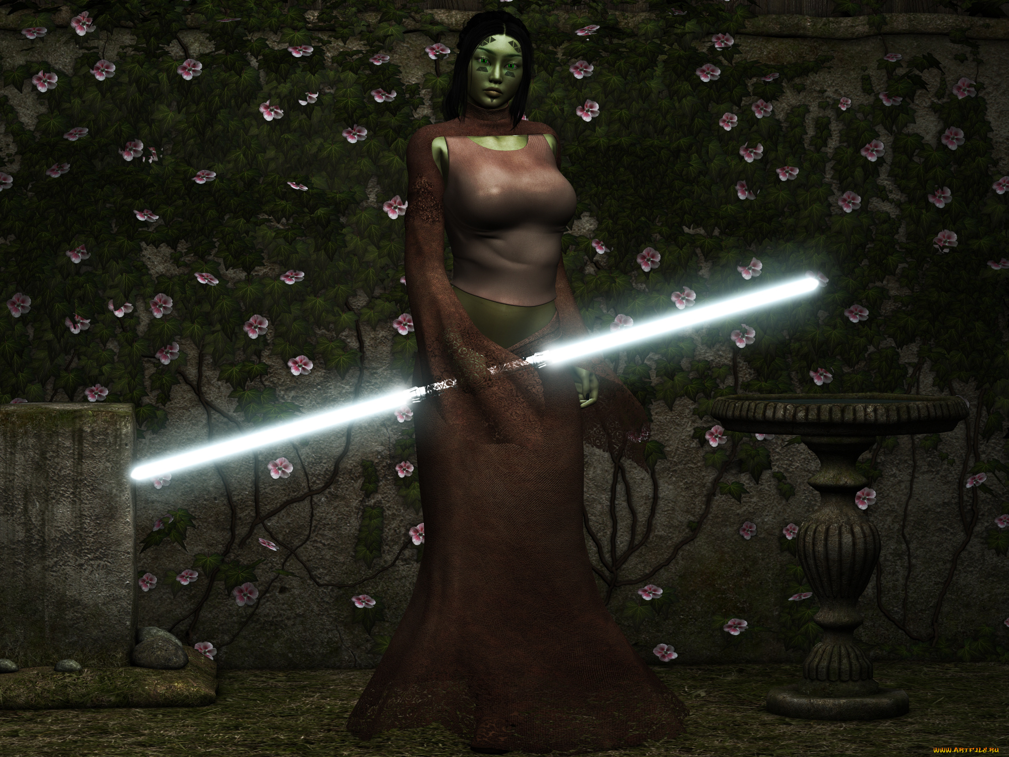 3д, графика, fantasy, , фантазия, цветы, оружие, существо