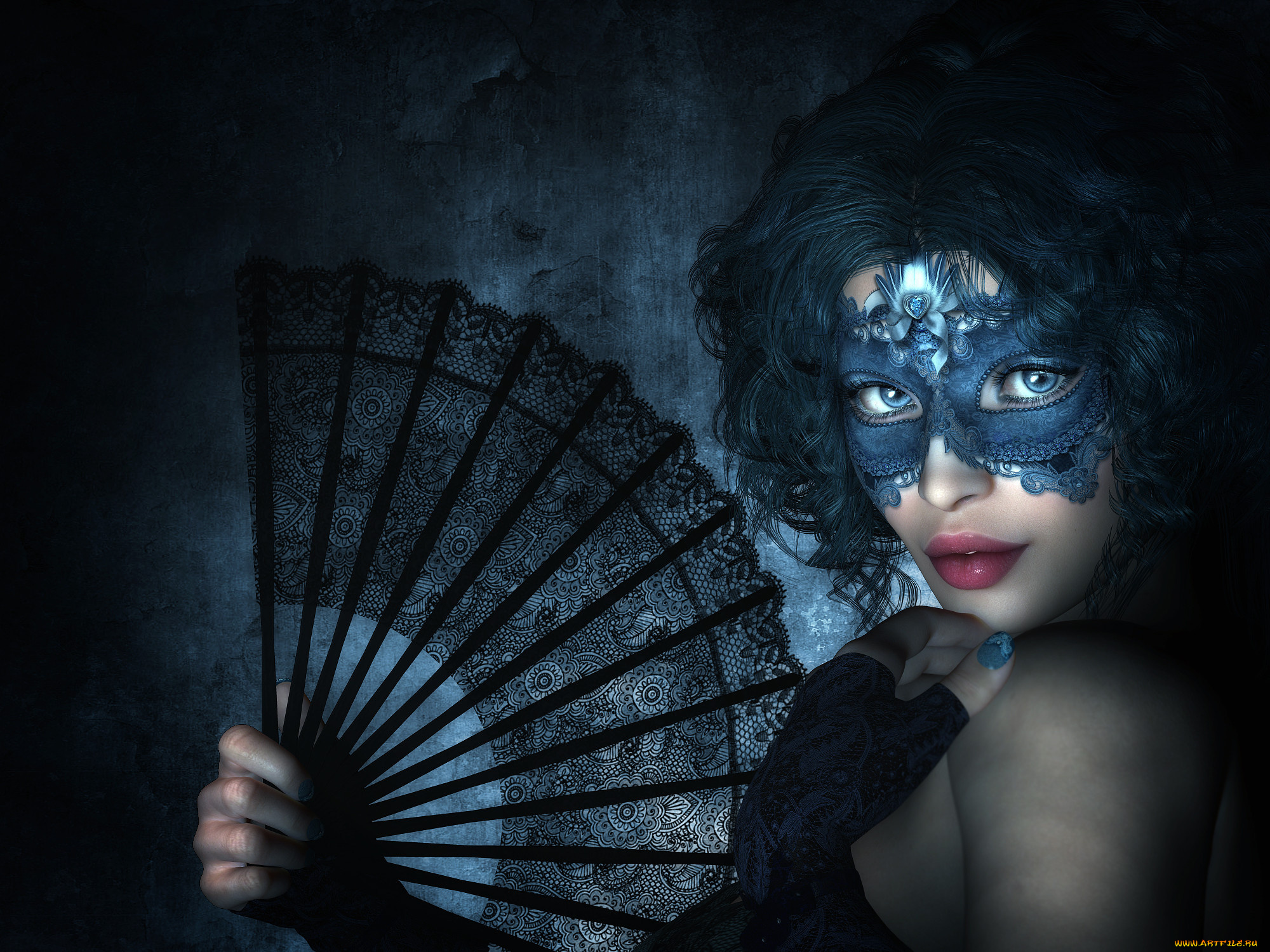 3д, графика, portraits, , портрет, рендеринг, девушка, маска, взгляд, рука, веер