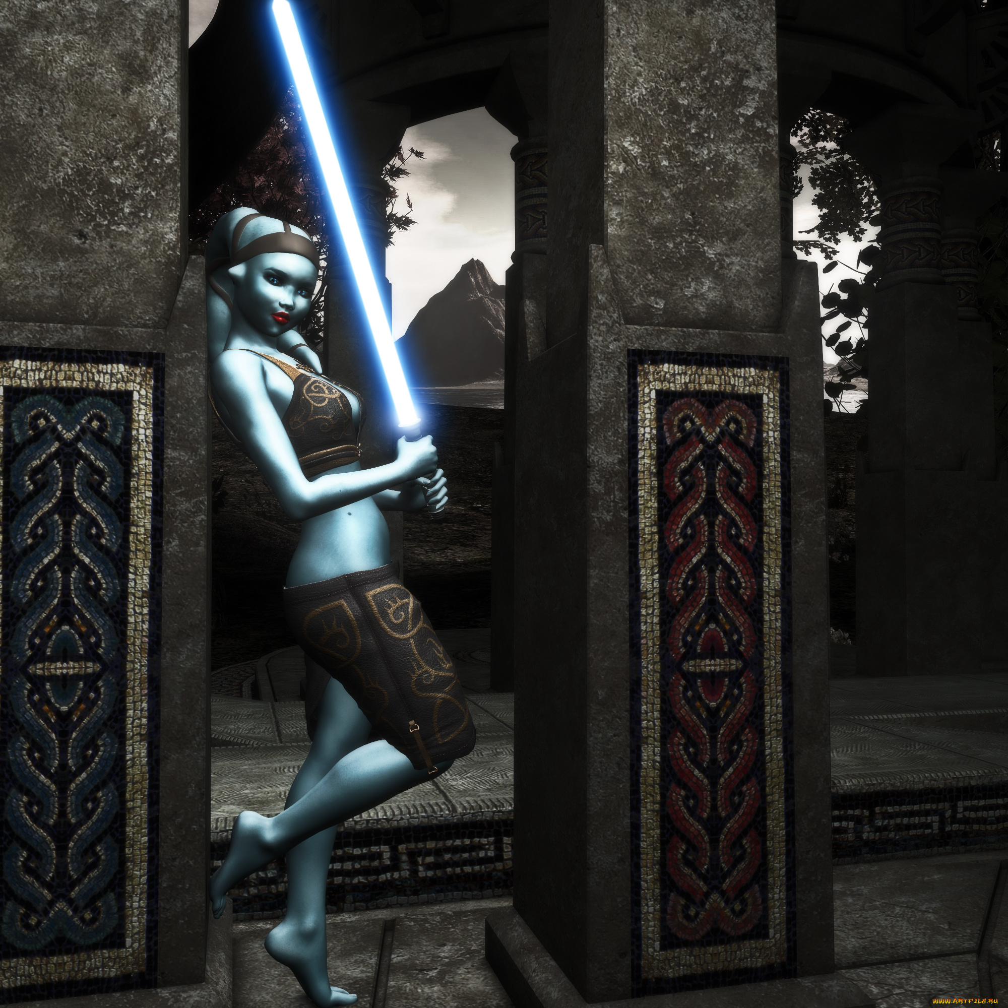 3д, графика, fantasy, , фантазия, существо, колоны, меч