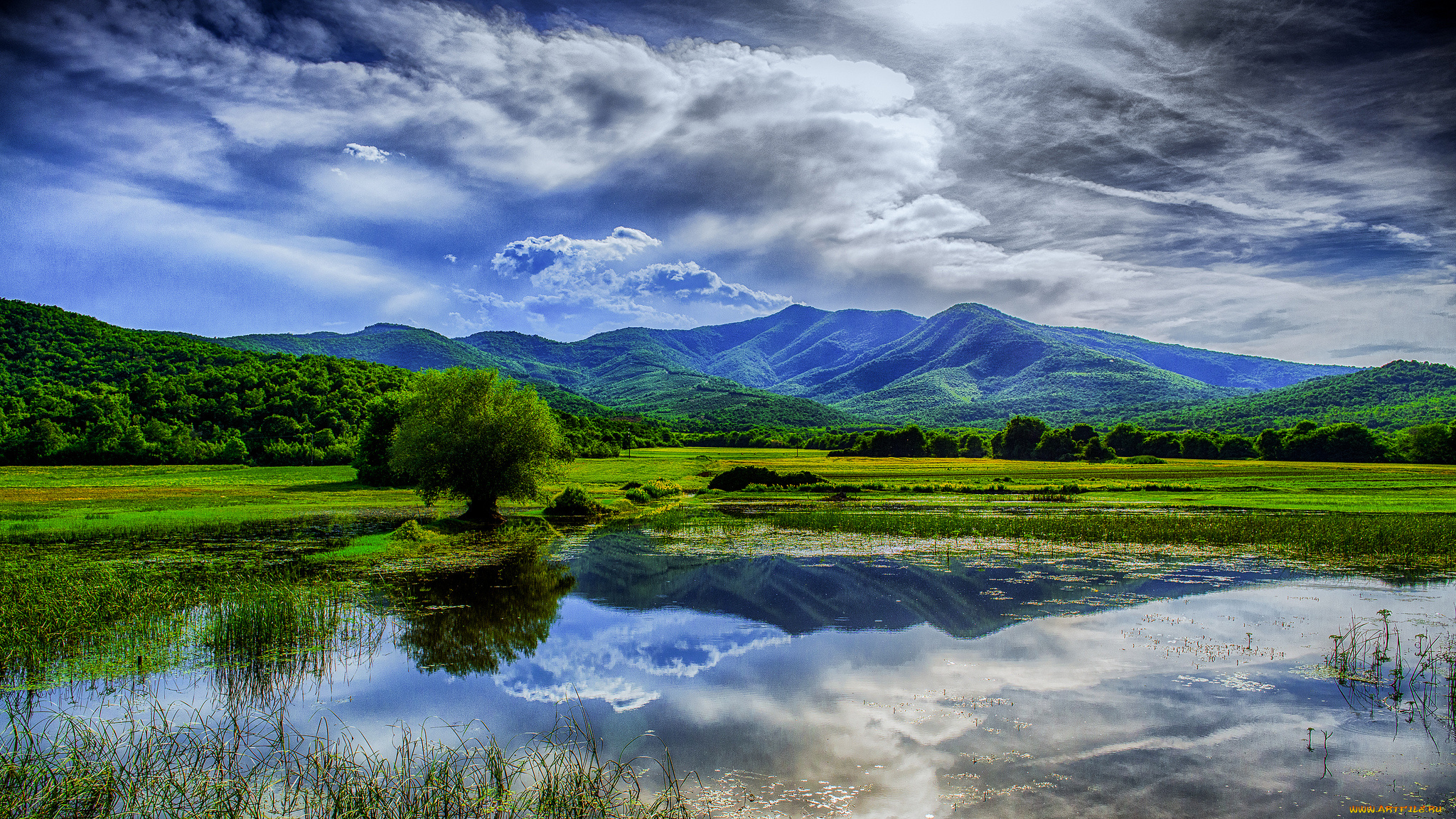 природа, реки, озера, горы, тучи, луга, лес, река