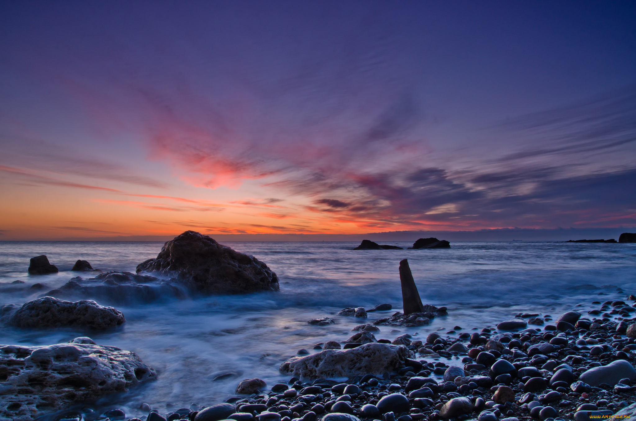 природа, побережье, океан, пляж, камни, скалы, горизонт, тучи, заря