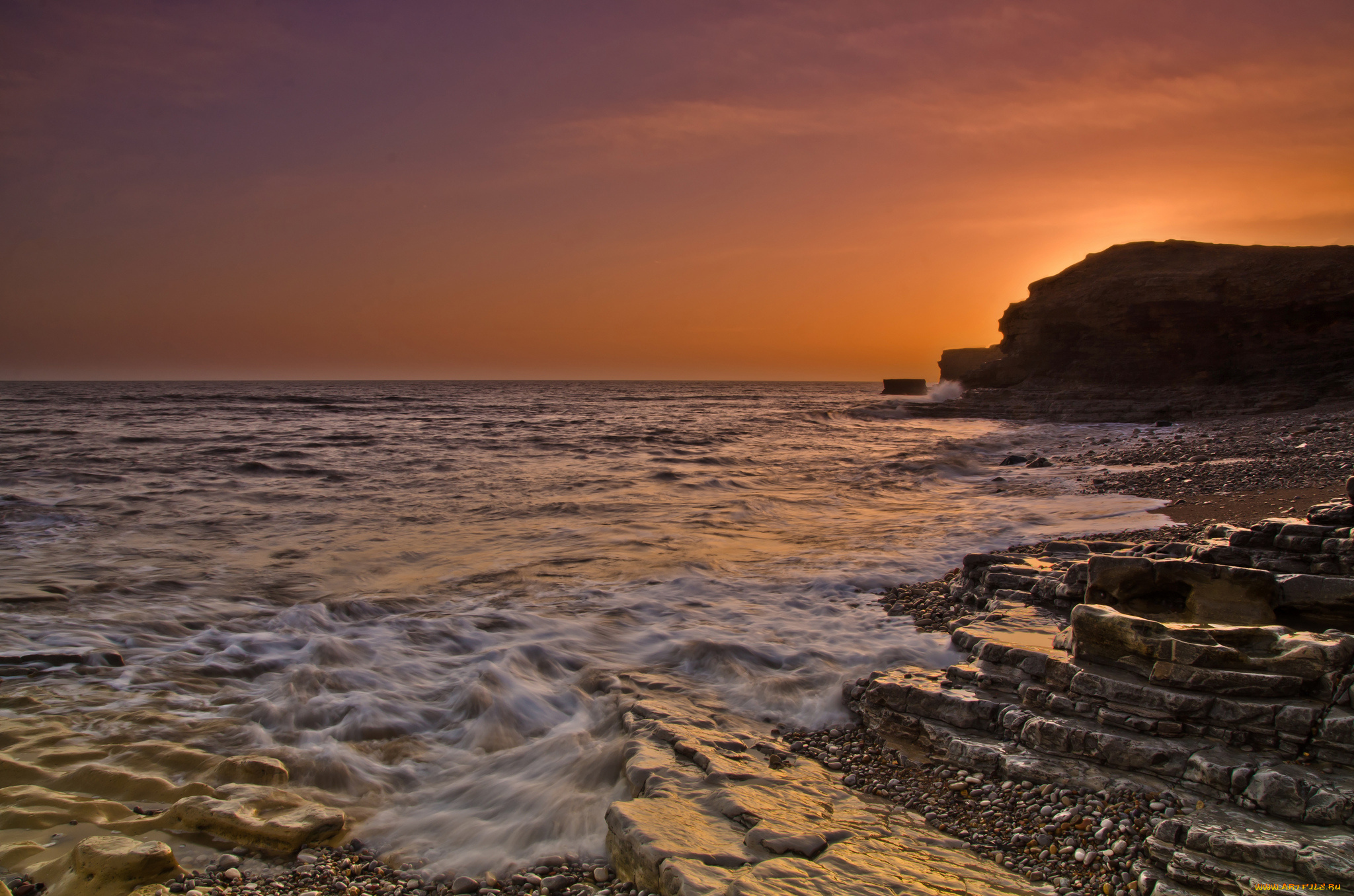 природа, побережье, океан, скалы, горизонт, заря