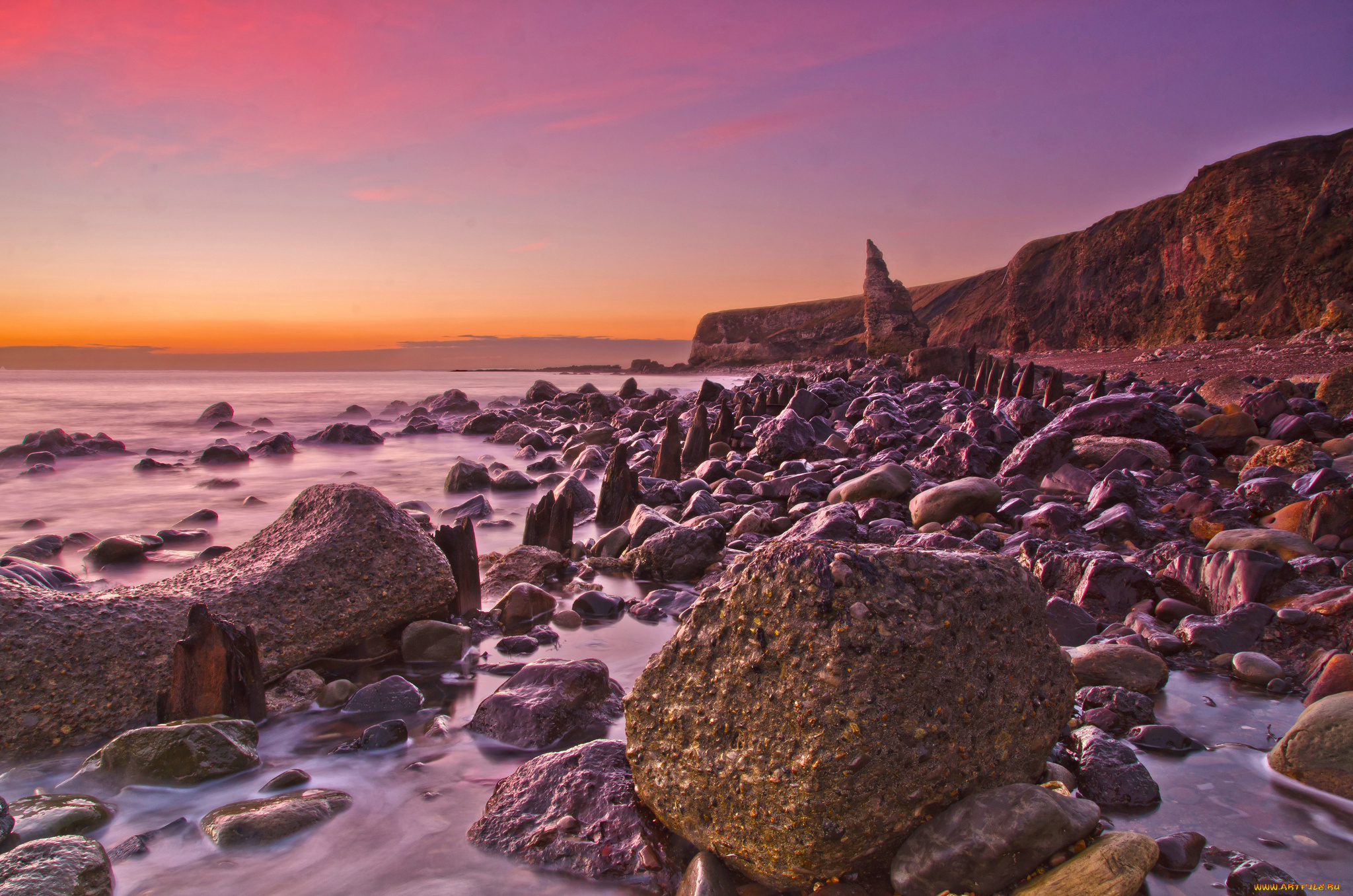 природа, побережье, океан, скалы, валуны, горизонт, заря