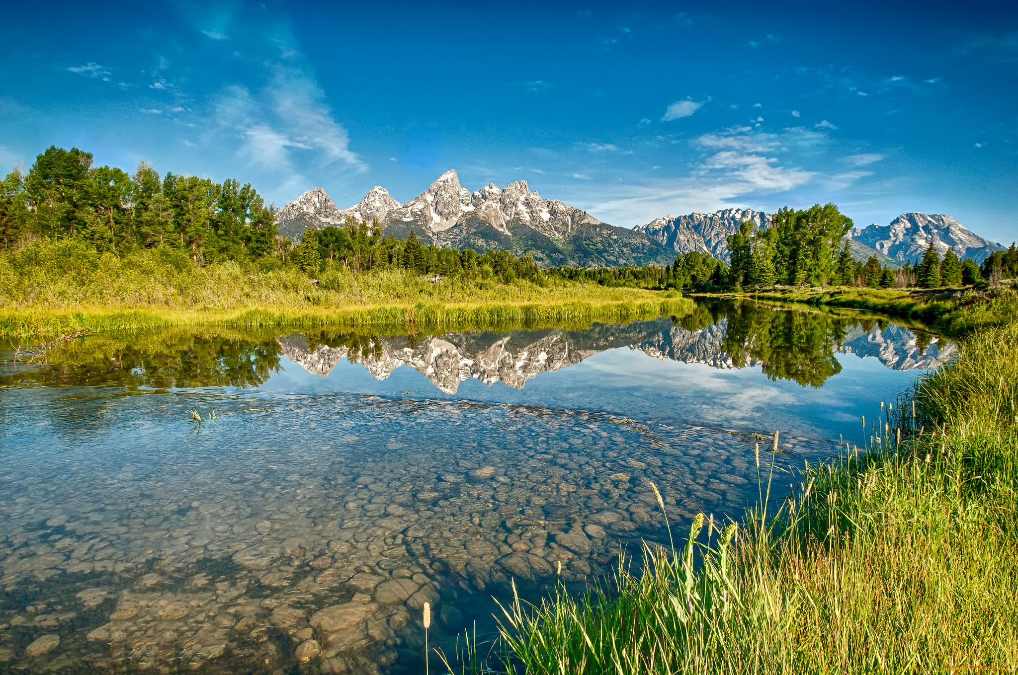 природа, реки, озера, горы, пики, лес, река, камни, трава