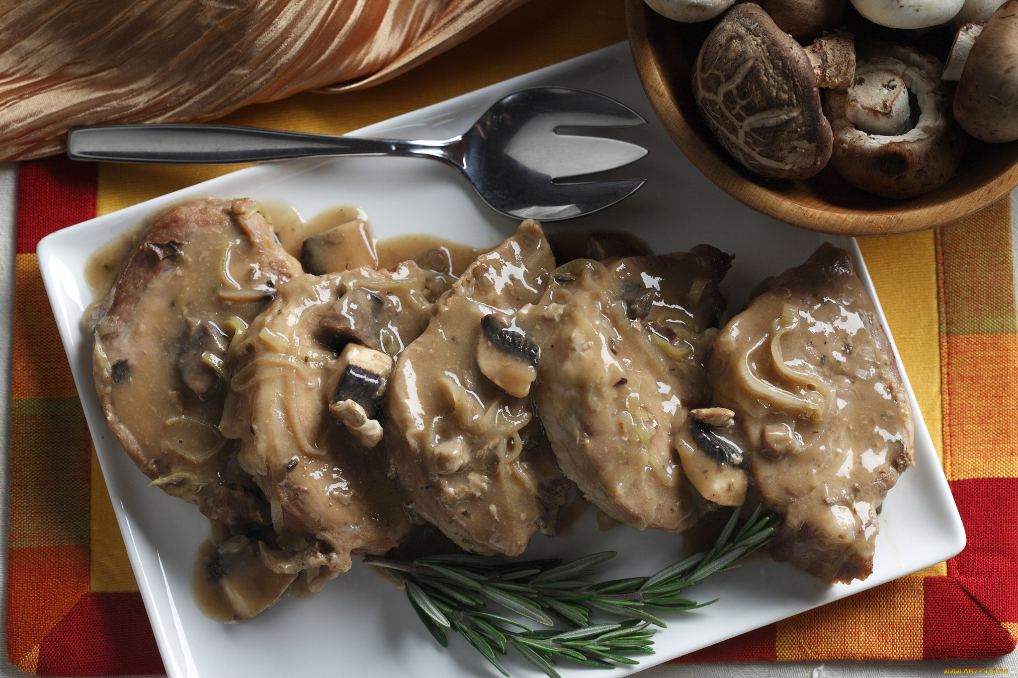 еда, мясные, блюда, фон, тарелка, ложка, грибы, мясные, отбивные