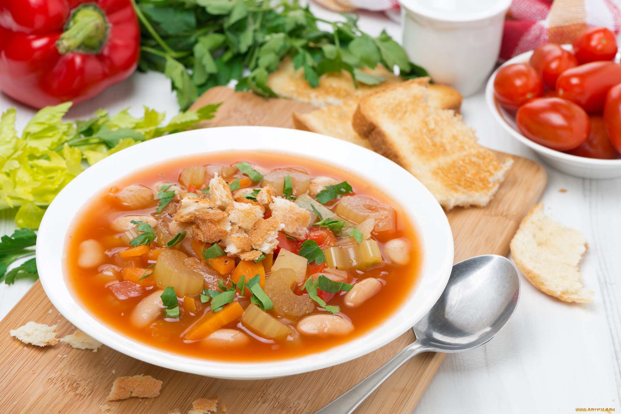 еда, первые, блюда, менестроне, суп, гренки