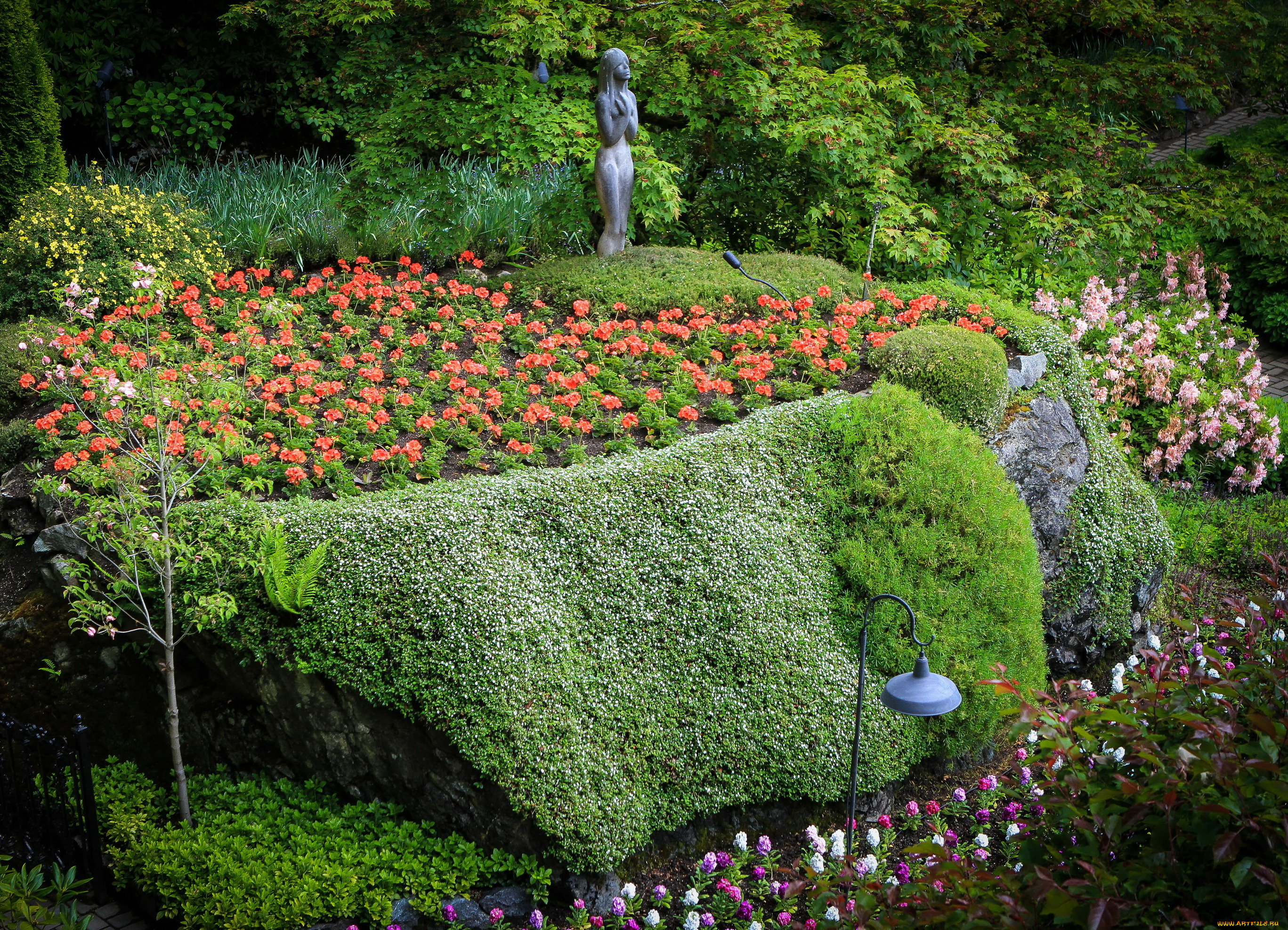 butchart, gardens, canada, природа, парк, butchart, gardens, canada, кусты, цветы, фонари, дорожка