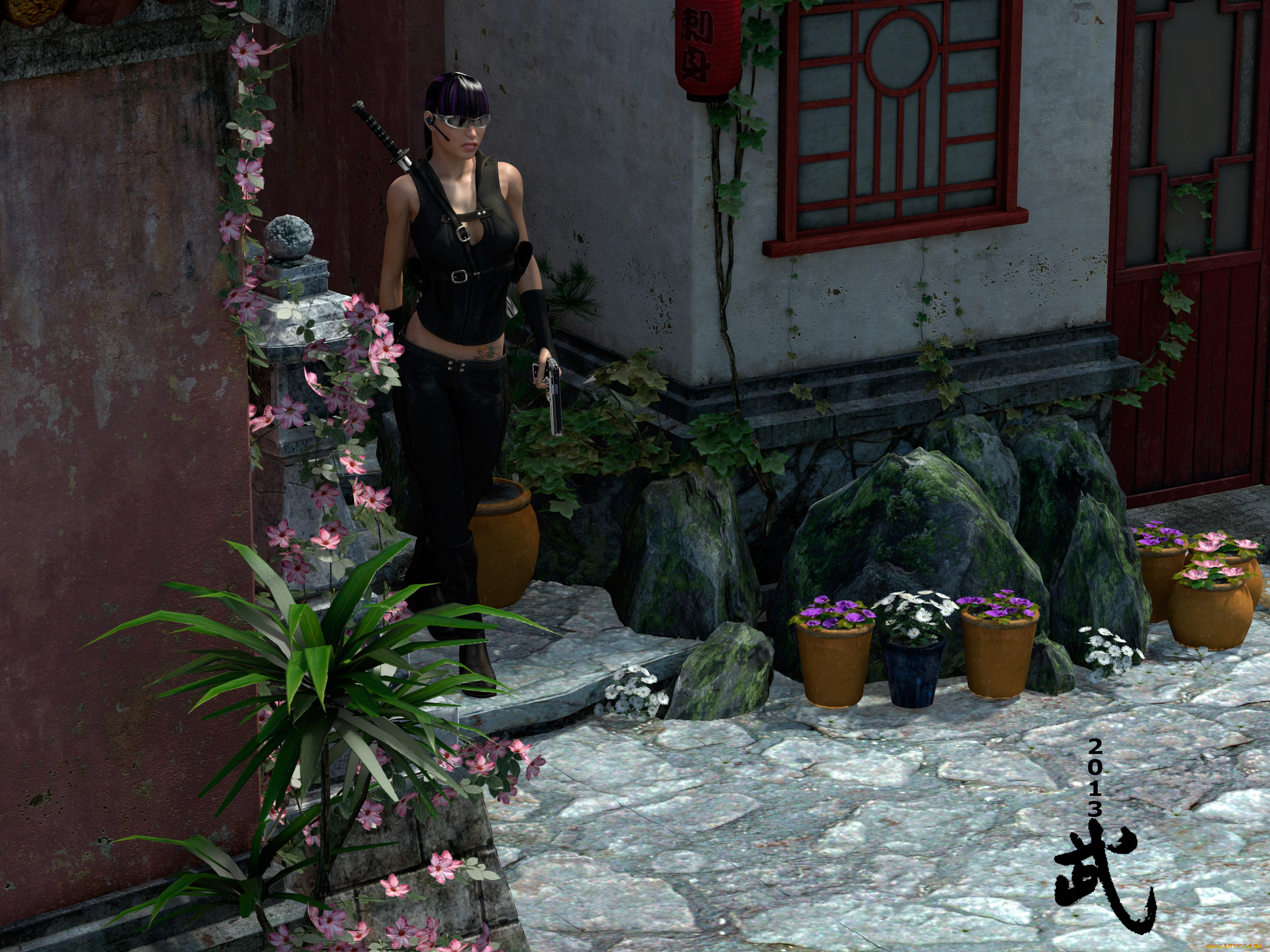 3д, графика, fantasy, , фантазия, цветы, дворик, девушка