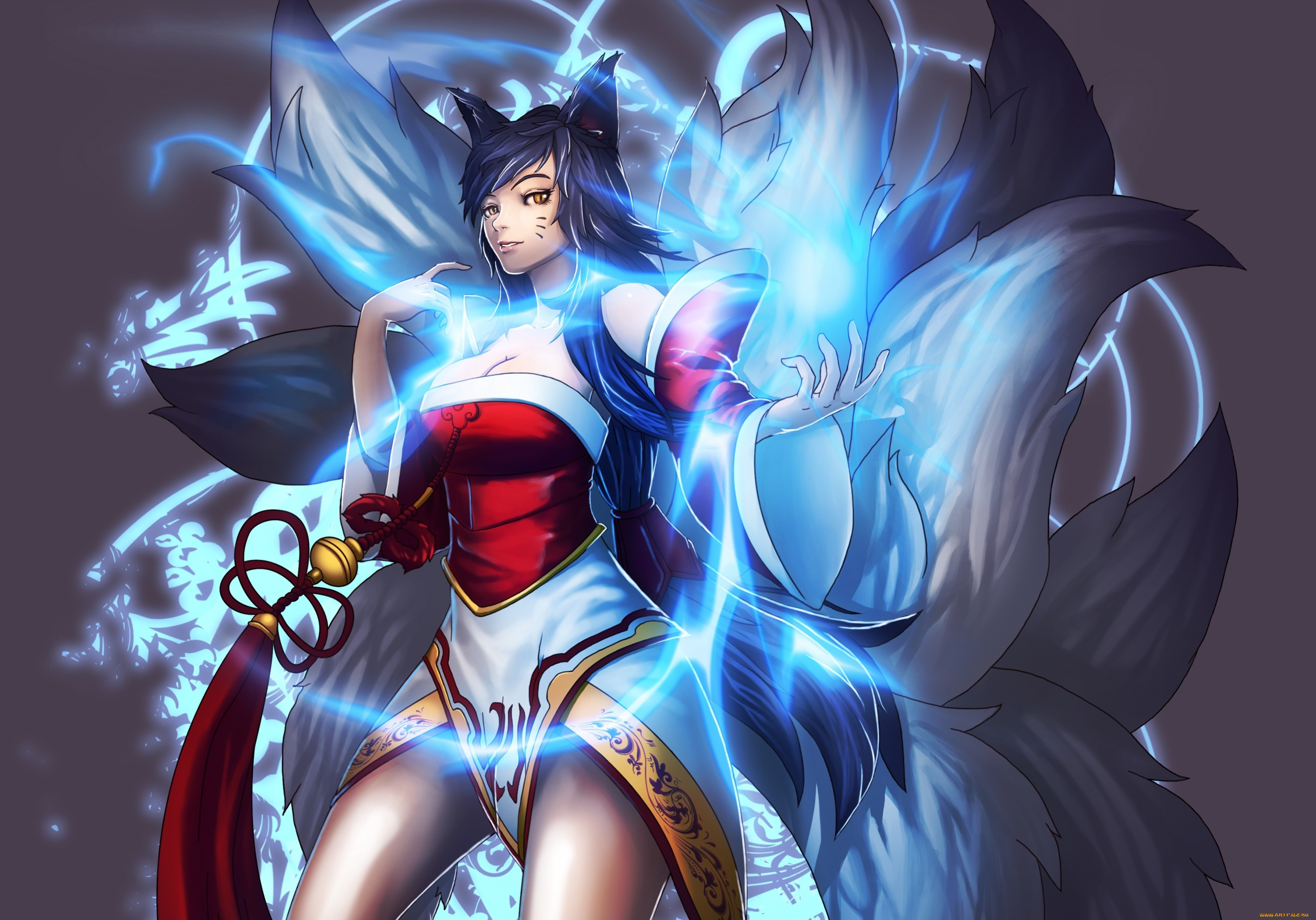 видео, игры, league, of, legends, магия, арт, девушка, league, of, legends, ahri, хвосты, gloomines