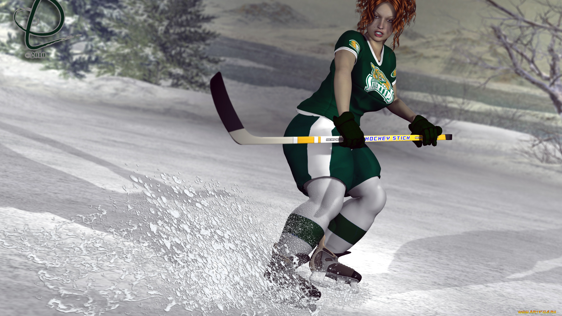 3д, графика, люди, , people, девушка, взгляд, фон, коньки, лед, клюшка