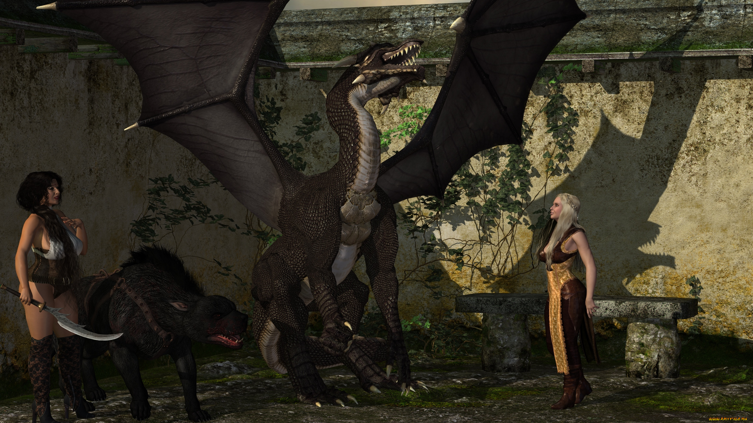 3д, графика, фантазия, , fantasy, фон, взгляд, девушки, оружие, дракон