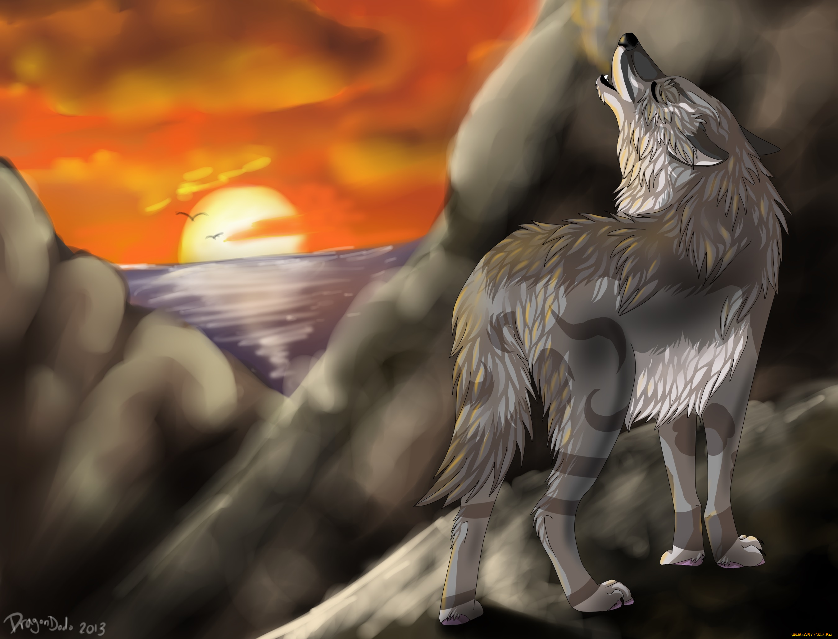 рисованное, животные, , волки, горы, волк