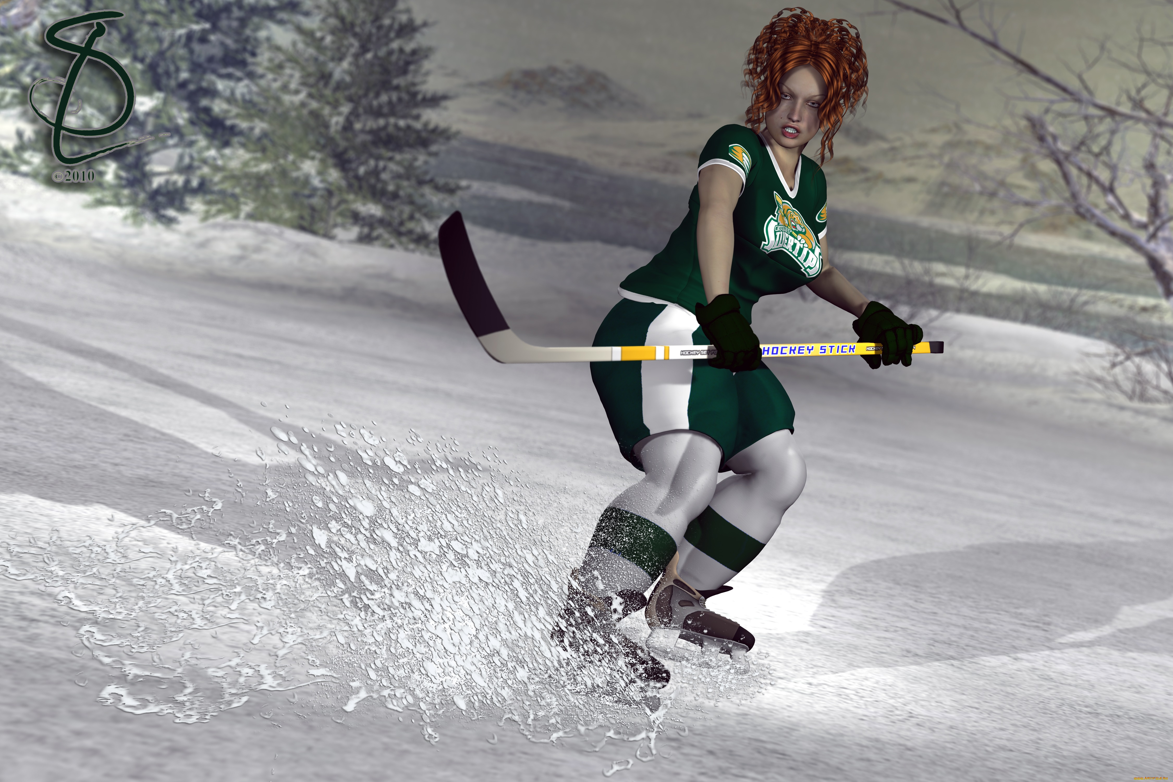 3д, графика, люди, , people, девушка, взгляд, фон, коньки, лед, клюшка