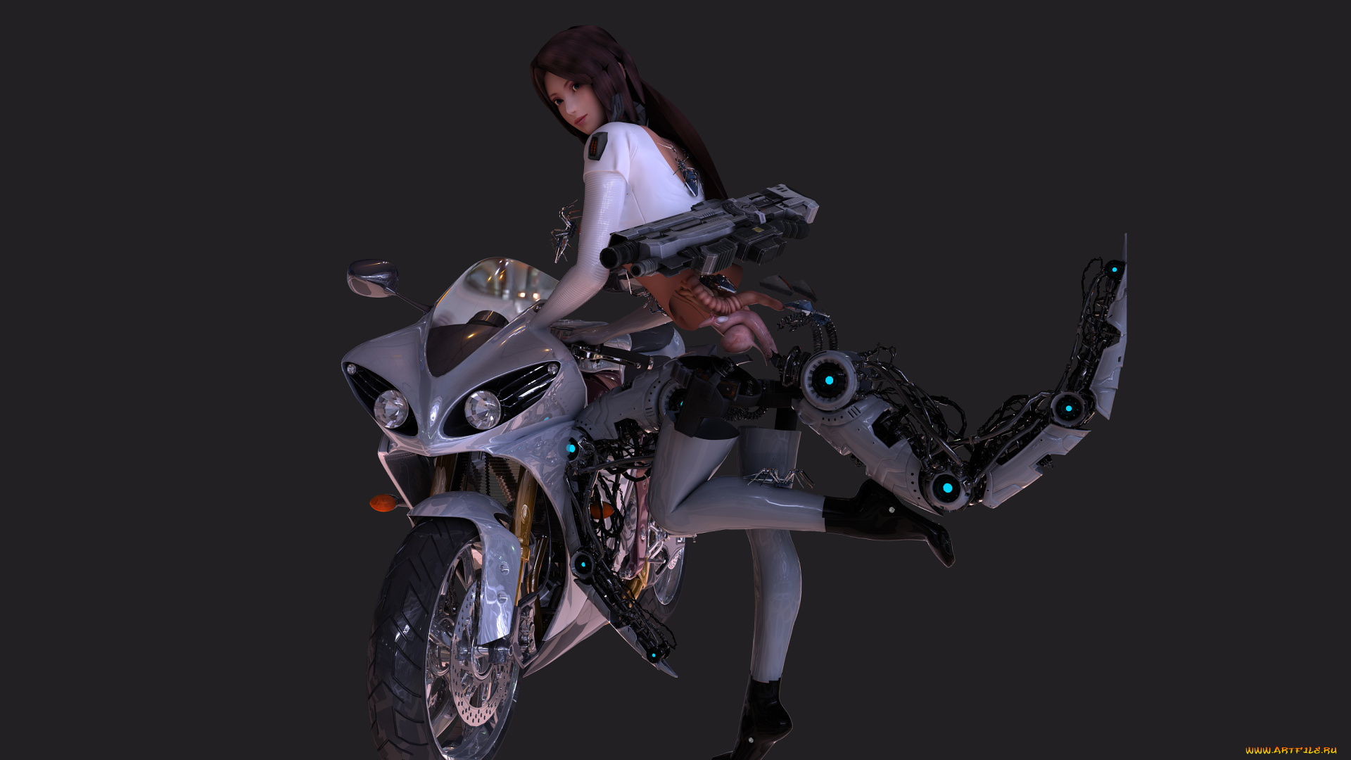 3д, графика, существа, , creatures, девушка, фон, мотоцикл, существо