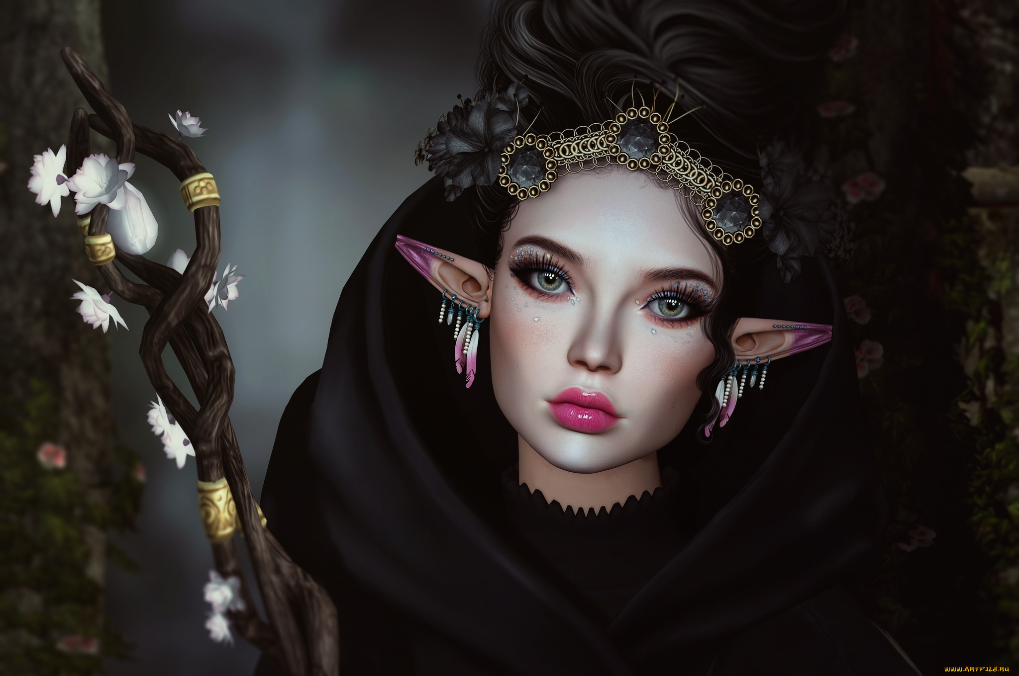 3д, графика, эльфы, , elves, лицо, посох, эльф, украшения, уши, девушка