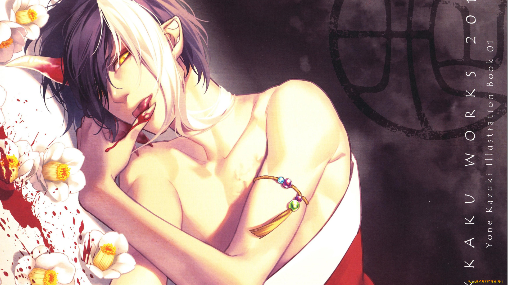 аниме, ангелы, , демоны, art, yone, kazuki, браслет, камелии, кровь, рог, парень, челка, ёкай