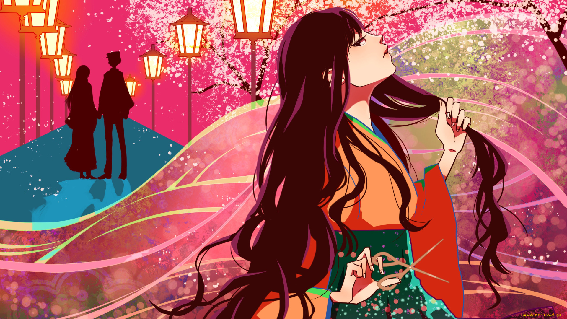 аниме, unknown, , другое, ножницы, кимоно, пара, лепестки, силуэт, сакура, аллея, фонари, длинные, волосы
