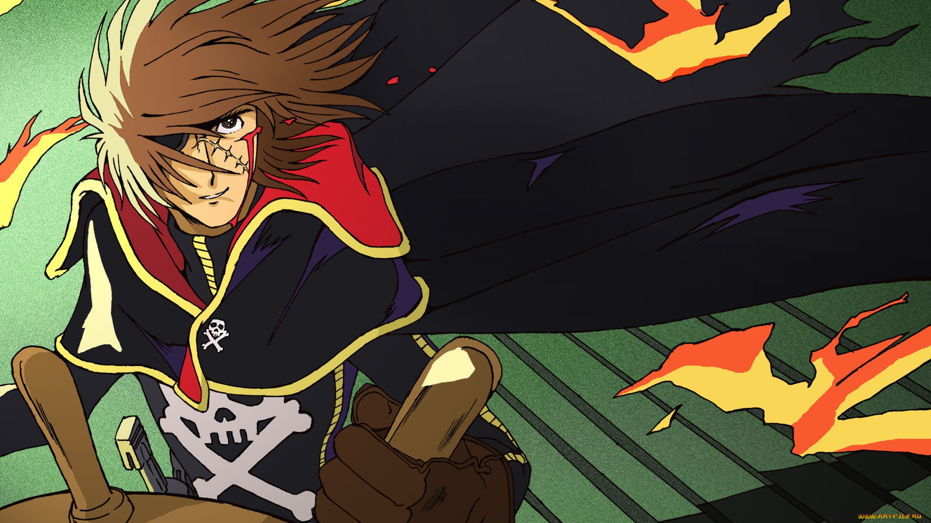 аниме, unknown, , другое, ветер, space, pirate, captain, harlock, штурвал, art, кровь, череп, повязка, на, глаз, плащ, перчатки, огонь, шрам, парень, kujira, gunsou, лестница
