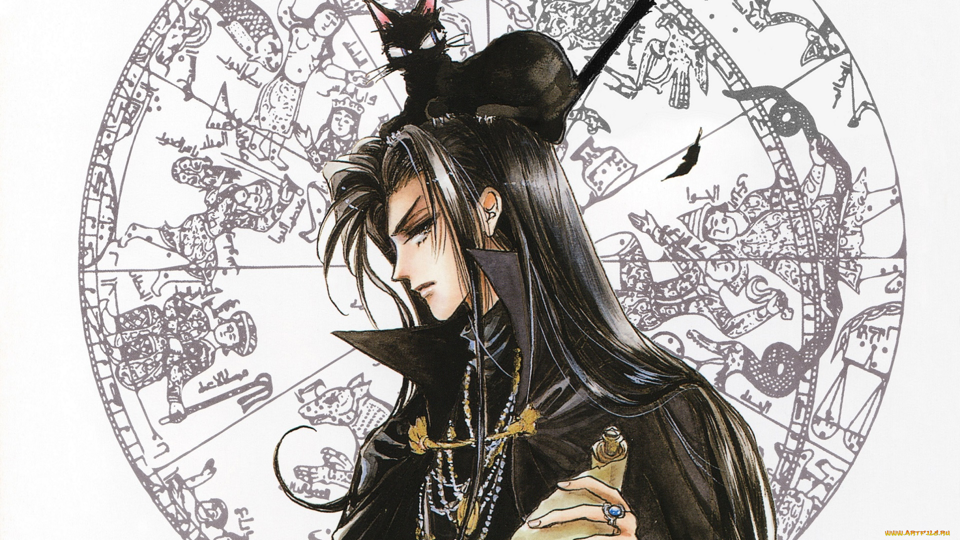 аниме, животные, , существа, свиток, mamiya, oki, manga, символы, art, перстень, черный, котенок, dada, and, kazuya, маг, чернокнижник, зодиак, плащ, парень