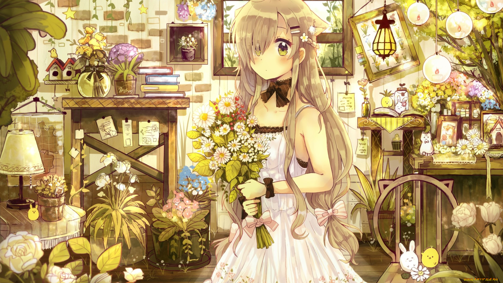 аниме, животные, , существа, взгляд, девушка, фон