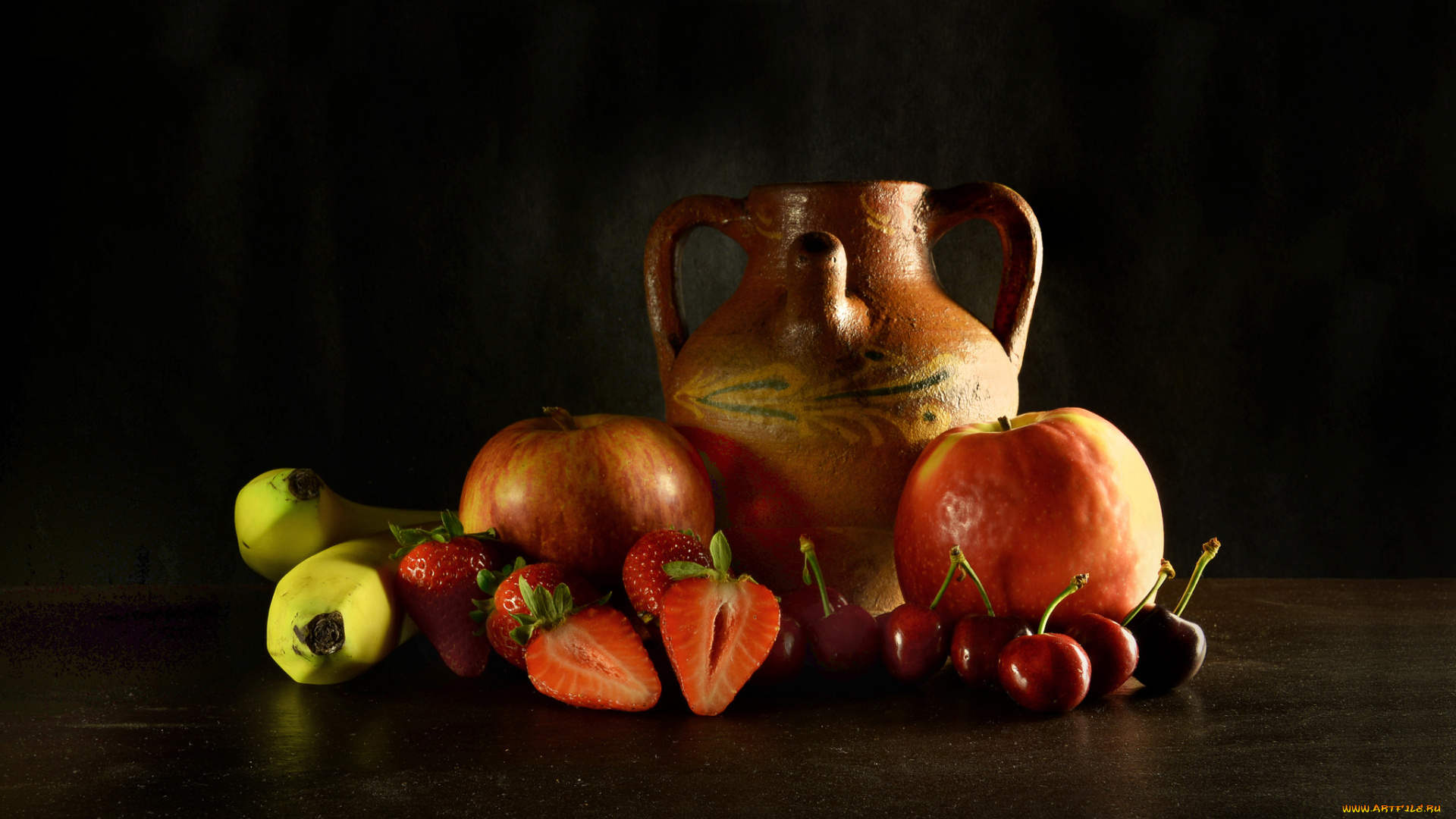 еда, натюрморт, фрукты, кувшин