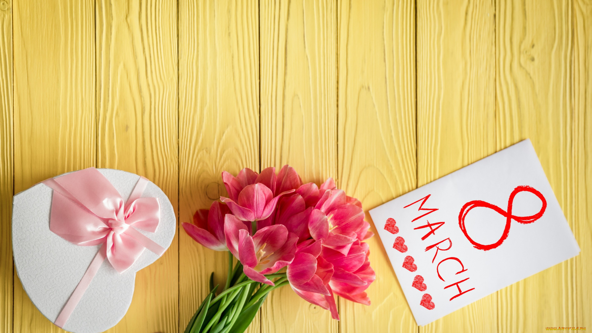 праздничные, международный, женский, день, -, 8, марта, тюльпаны, 8, марта, букет, подарок, открытка, праздник, лента, розовая