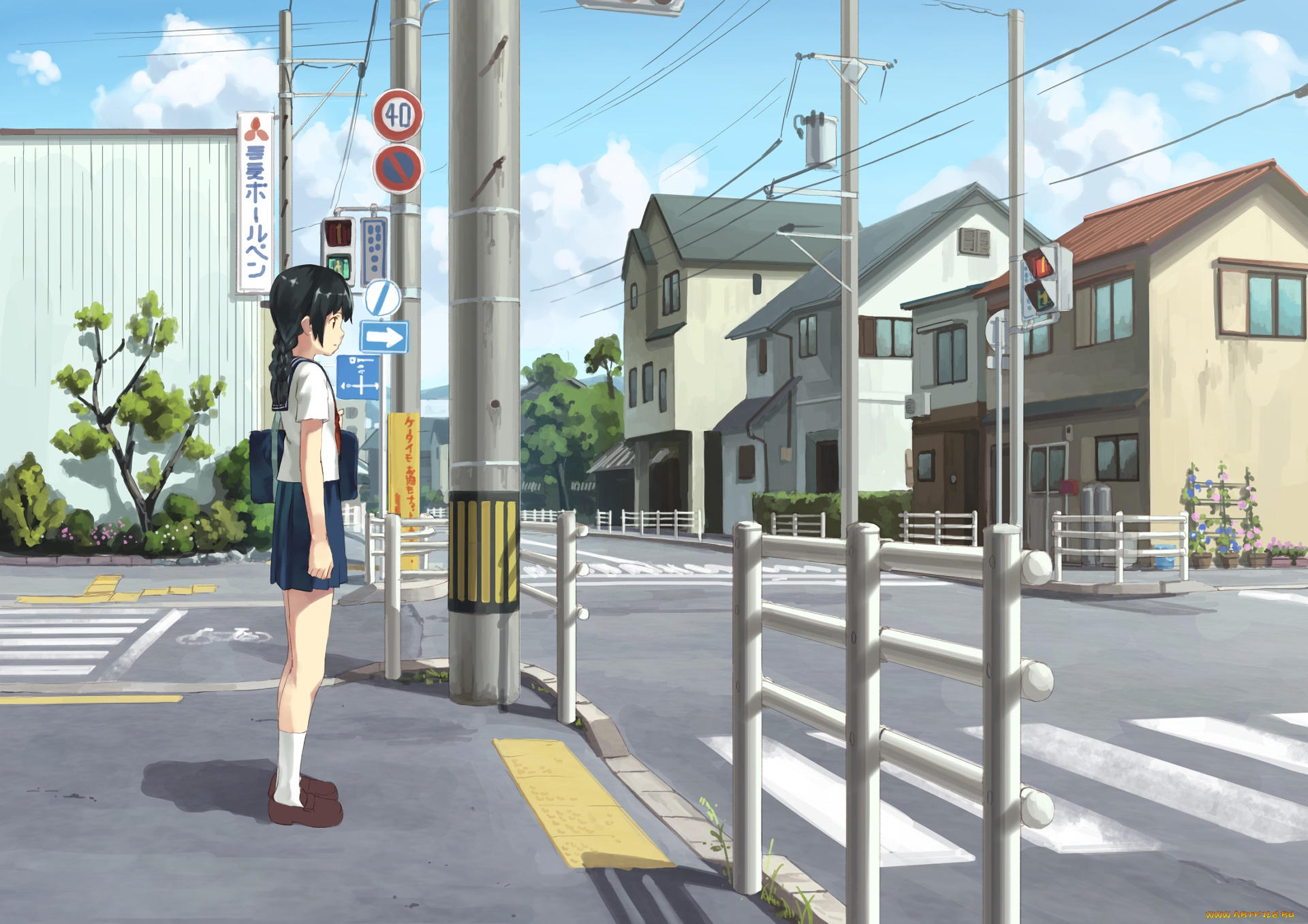 аниме, город, , улицы, , здания, девушка, фон, взгляд