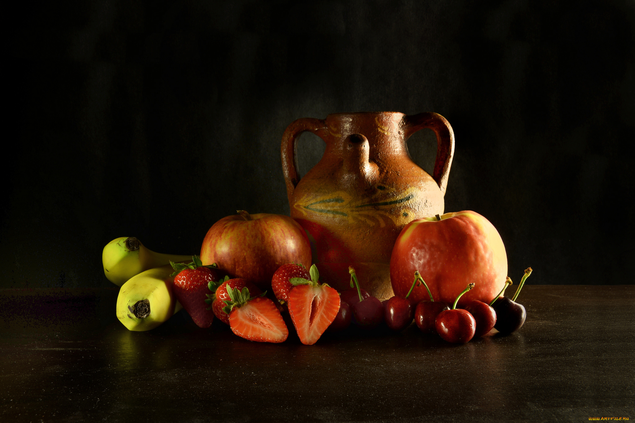 еда, натюрморт, фрукты, кувшин