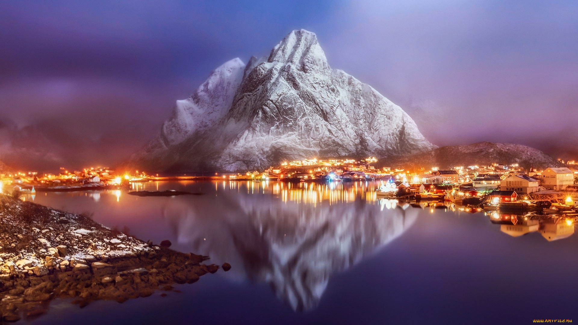 города, -, огни, ночного, города, норвегия, скалы, поселок, огни, вечер, городок, дымка, утро, свет, горы, отражения, туман, зима, фьорд