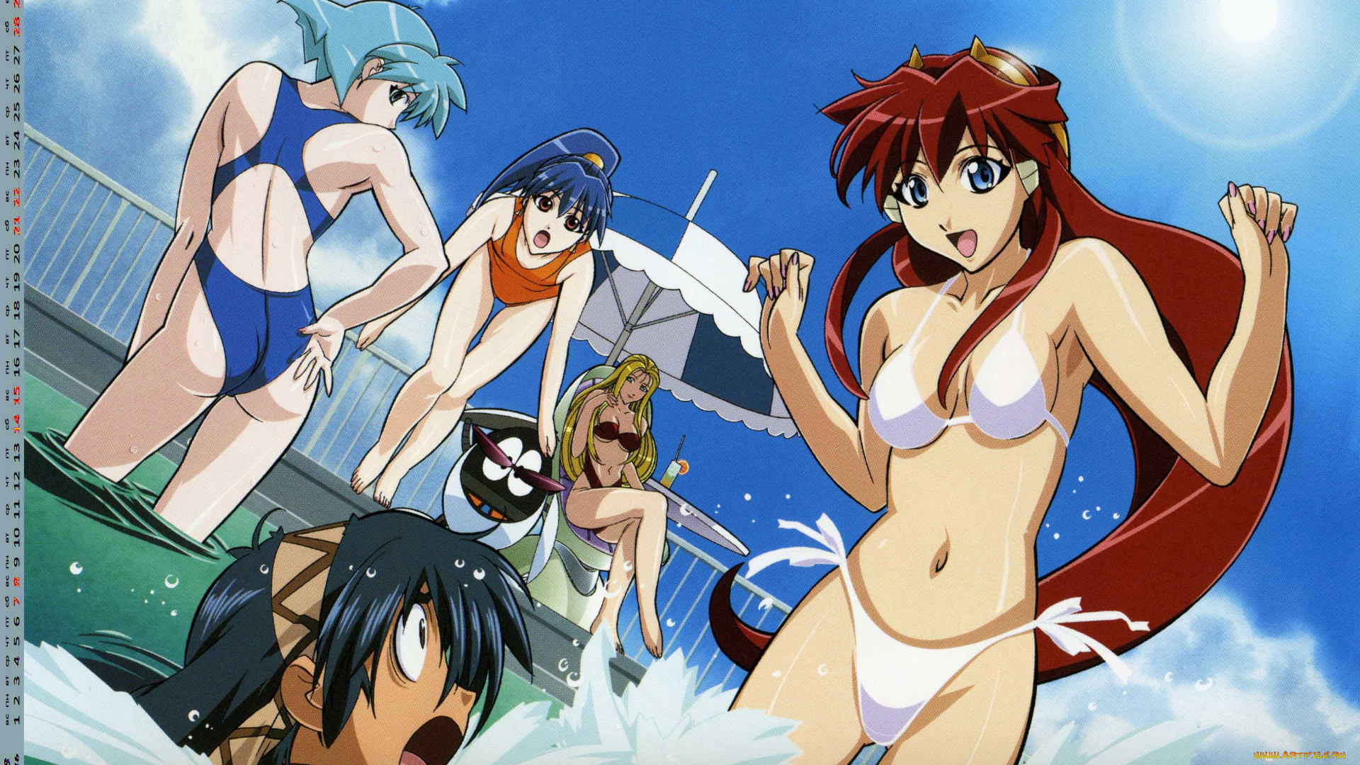 календари, аниме, девушка, взгляд, вода, купальник