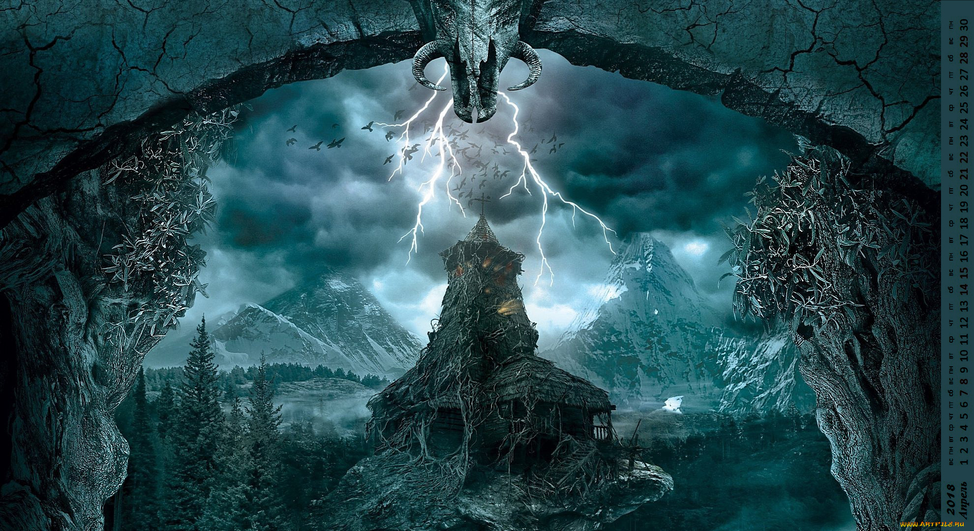 календари, фэнтези, молния, сооружение, деревья