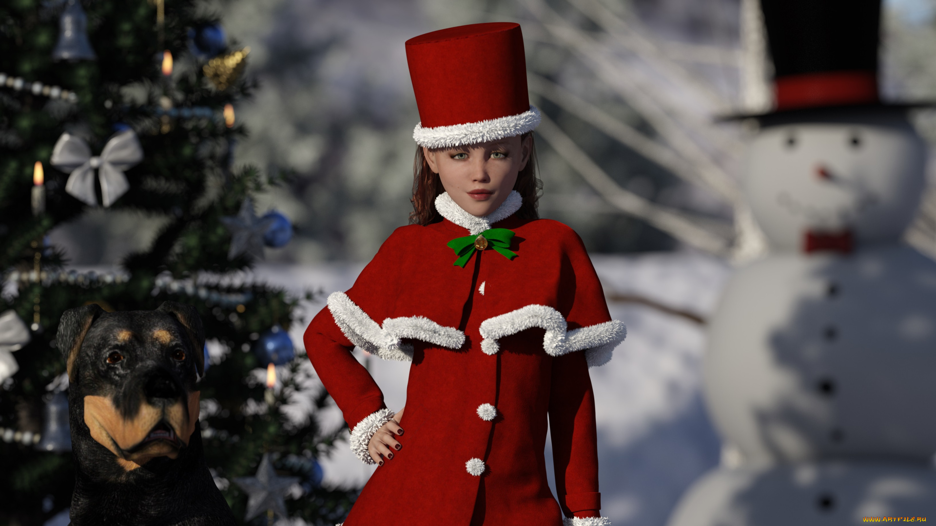 3д, графика, праздники, , holidays, девушка, взгляд, фон, снеговик