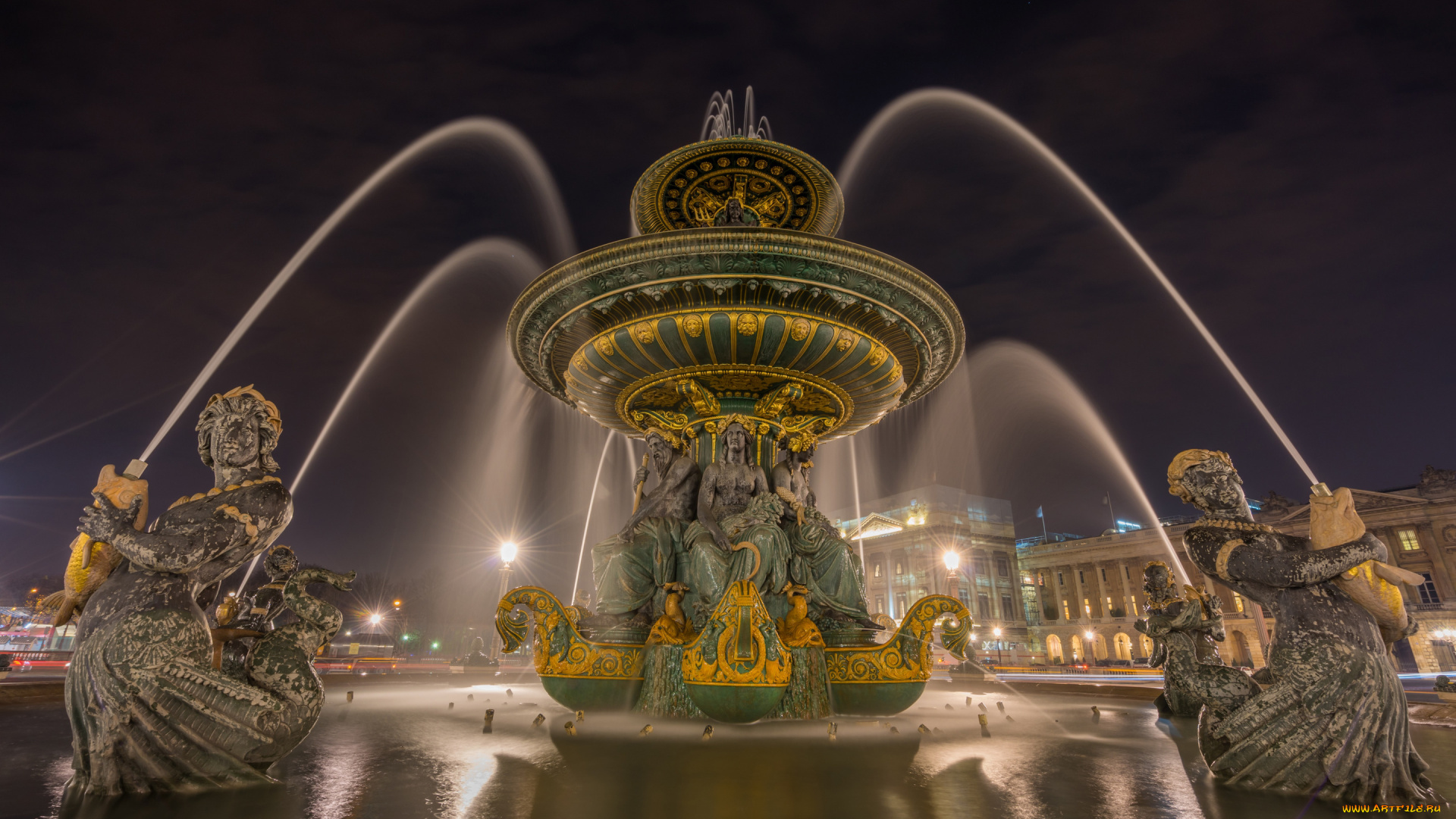 города, -, фонтаны, фонтан, фонари, ночь, огни, франция, париж, город, дома