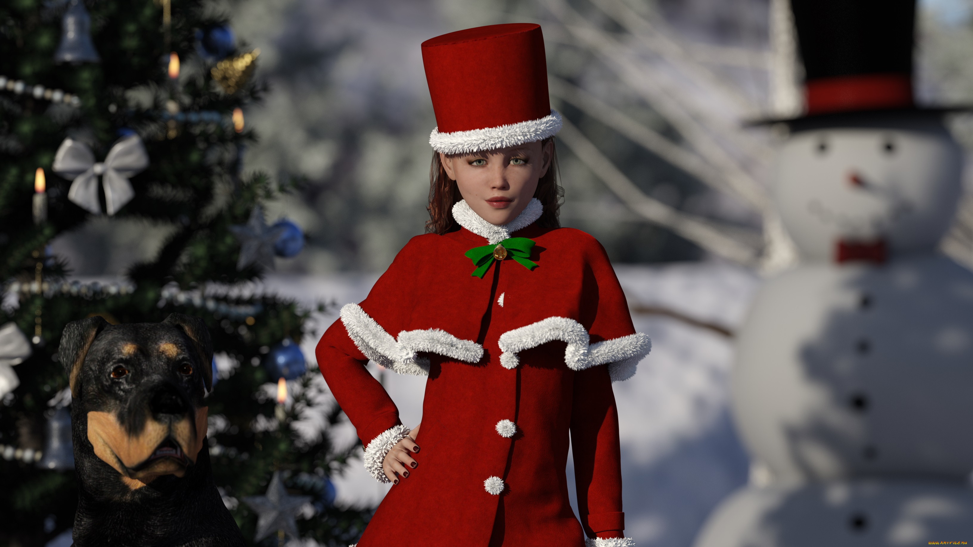 3д, графика, праздники, , holidays, девушка, взгляд, фон, снеговик