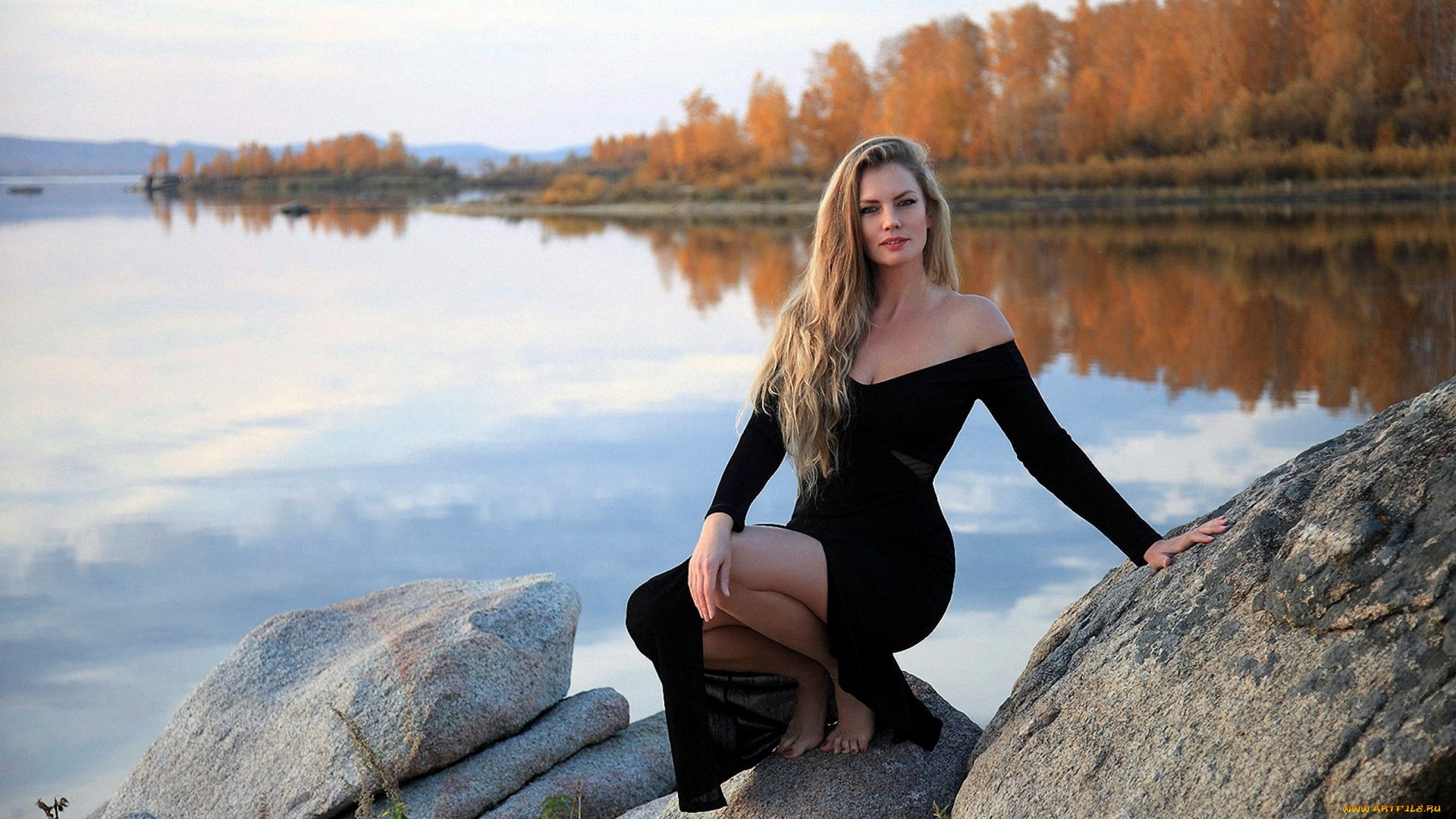 девушки, -, блондинки, , светловолосые, река, камни, блондинка, платье