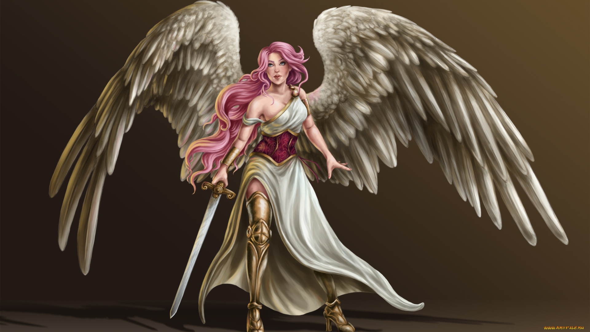 фэнтези, ангелы, девушка, фон, взгляд, меч, крылья