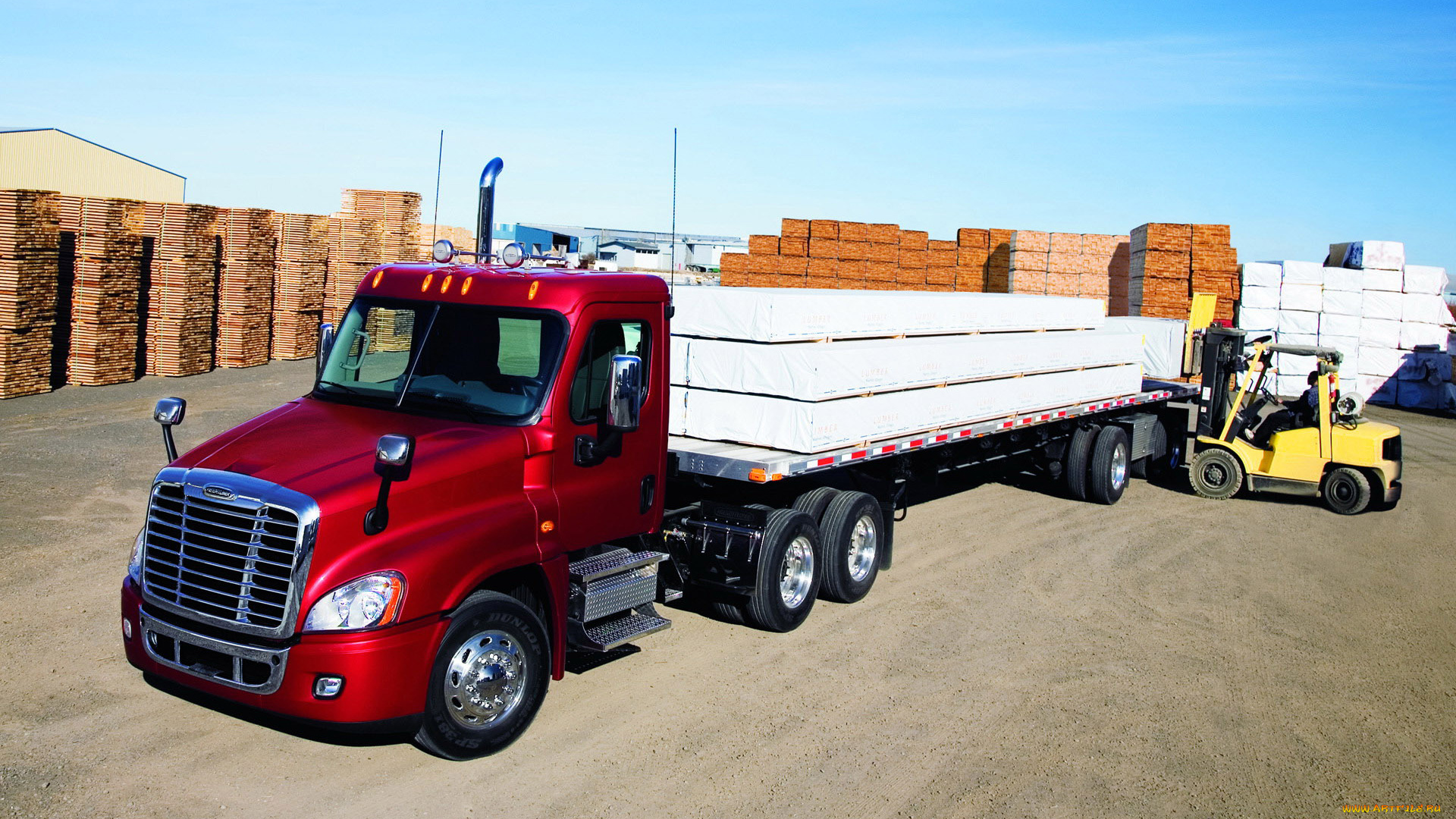 автомобили, freightliner, грузовик, склад, погрузка