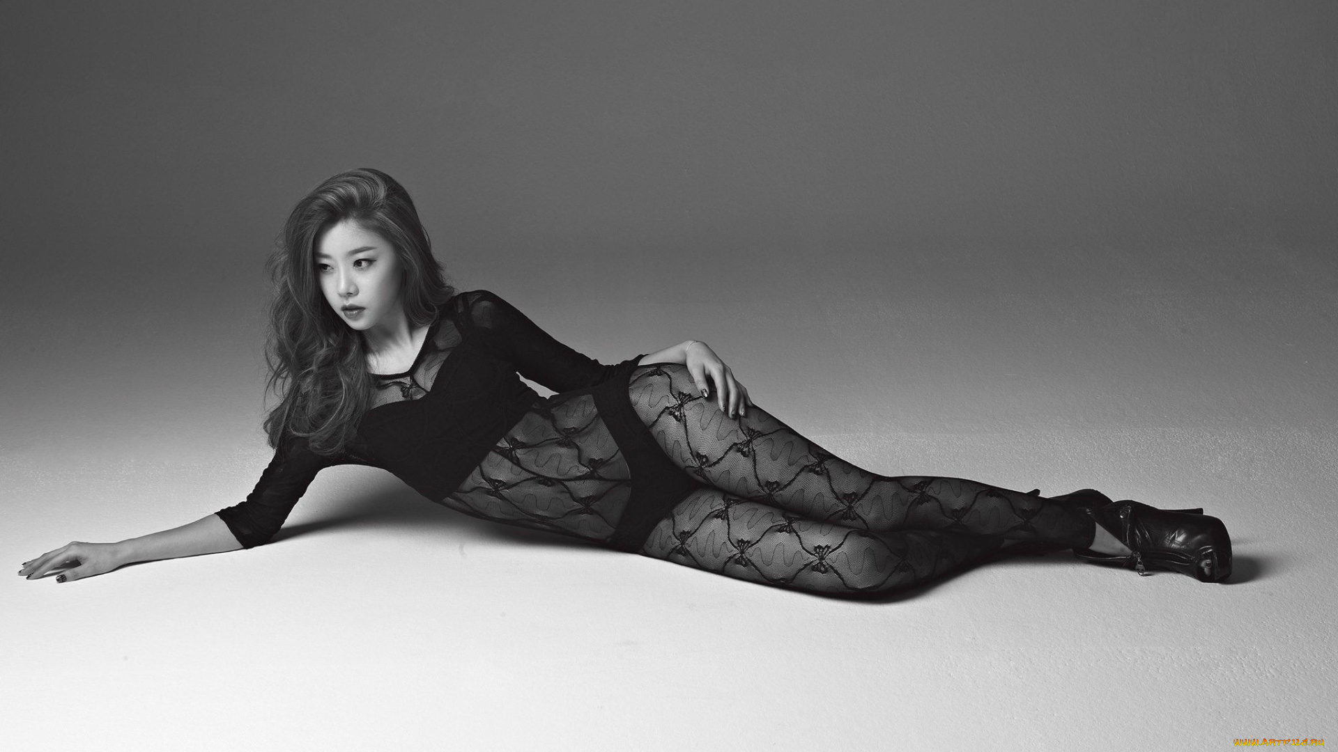 девушки, -, азиатки, черно-белая, белье, азиатка