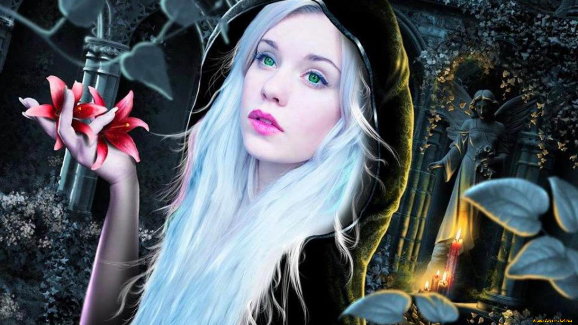 фэнтези, фотоарт, девушка, капюшон, цветы, дворец