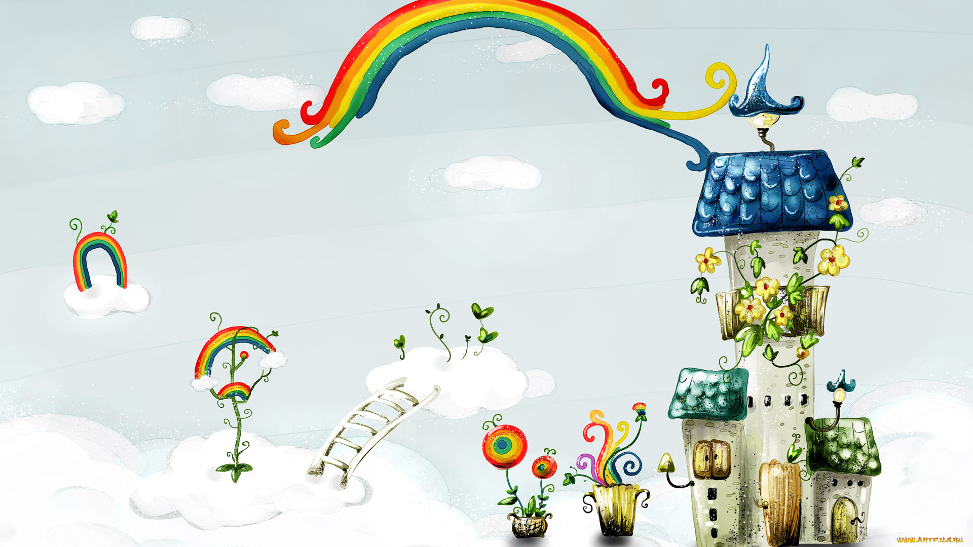 рисованное, города, дома, радуга