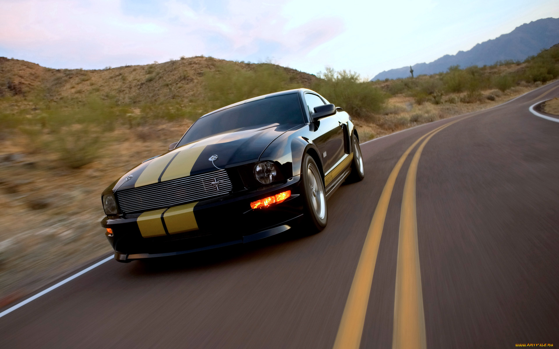 автомобили, mustang, форд, шелби, черный, полосы, шоссе, дорога