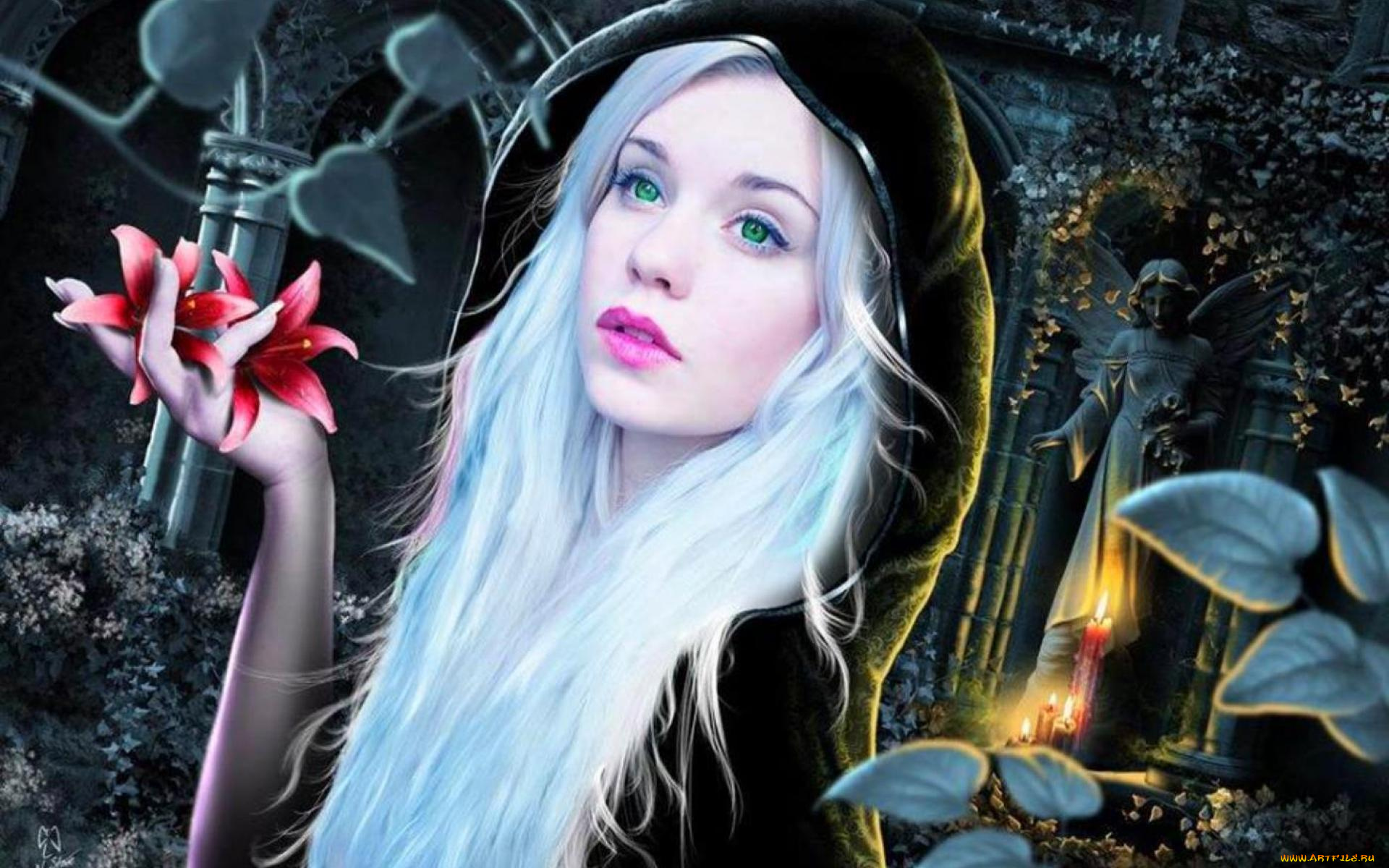 фэнтези, фотоарт, девушка, капюшон, цветы, дворец