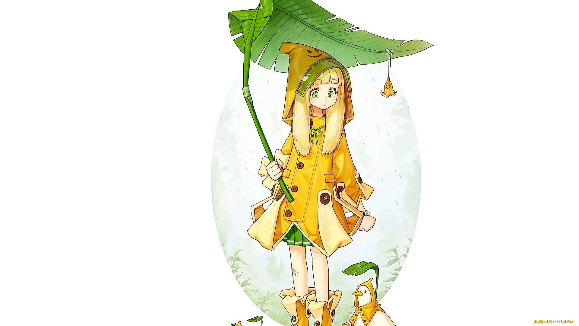 аниме, животные, , существа, девочка, дождь, лист, существа