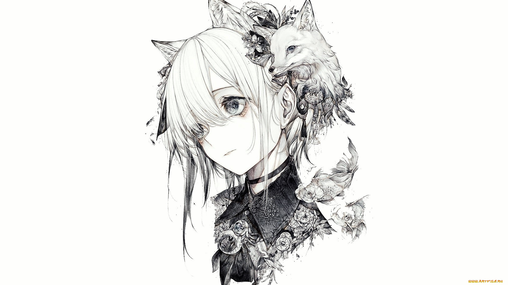 аниме, животные, , существа, девушка, лицо, ушки, лиса, рыбка