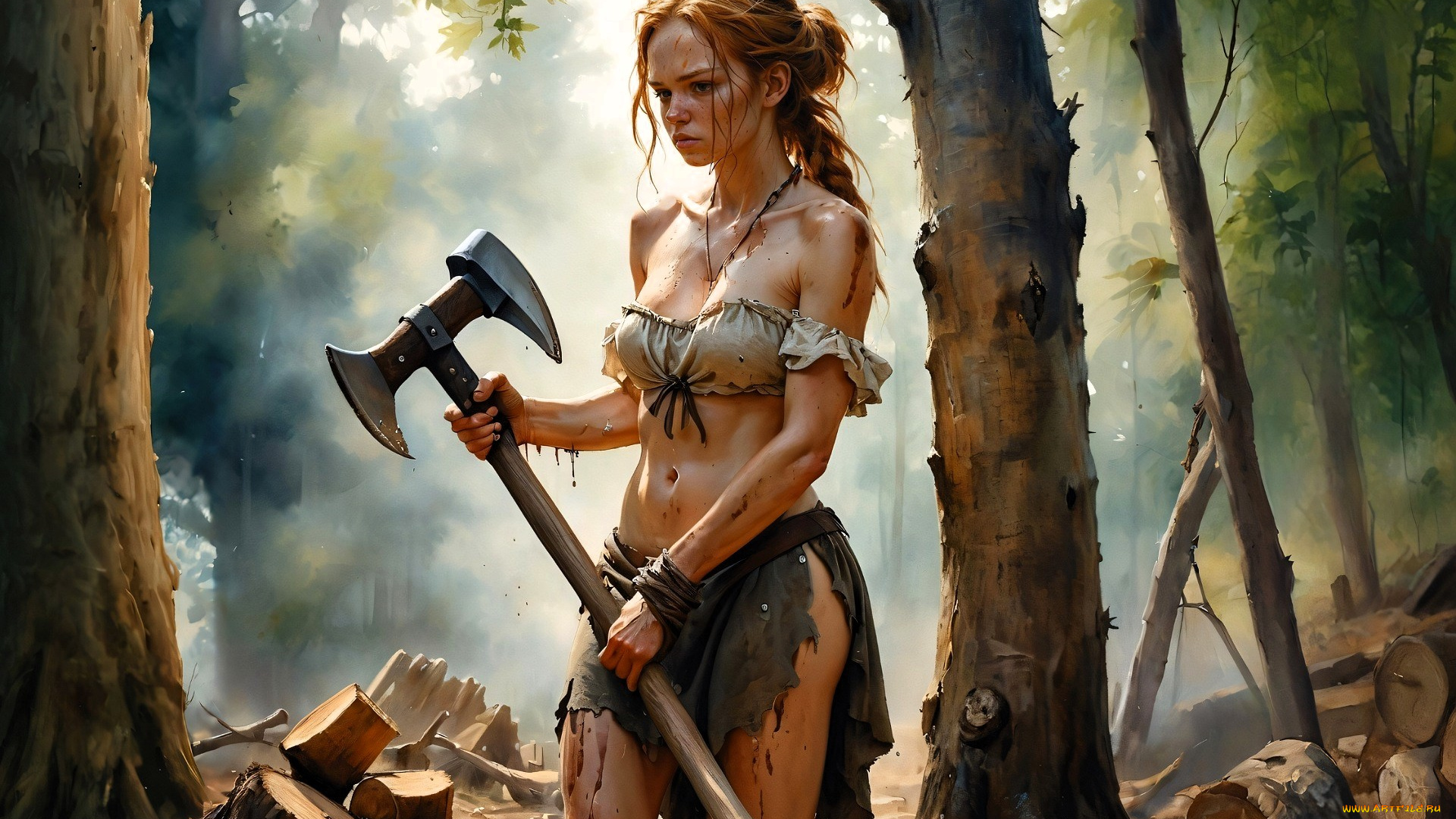 фэнтези, девушки, девушка, рыжая, топ, юбка, топор, лес, дрова