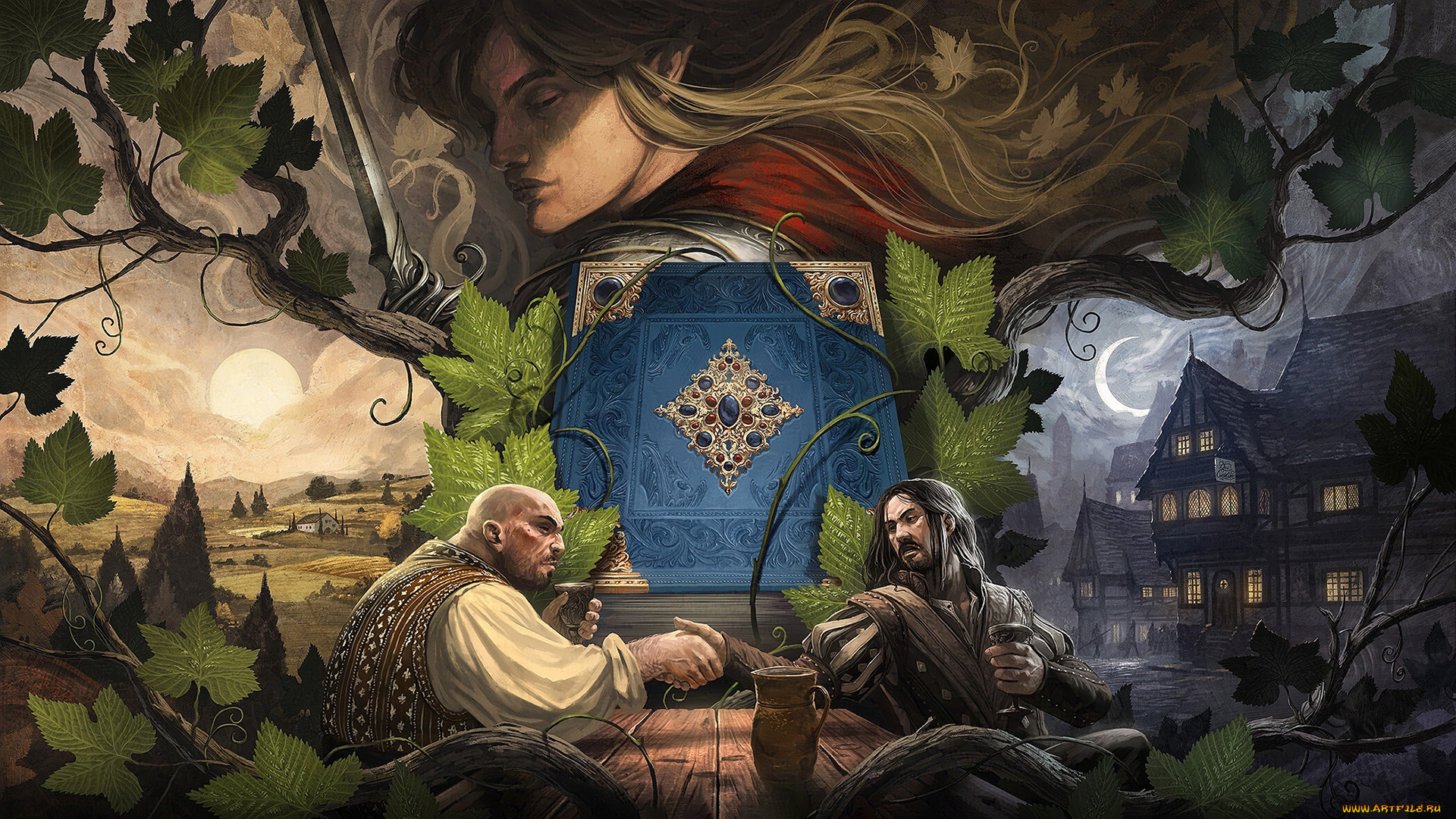 фэнтези, люди, книга, кувшин, стол, рукопожатие