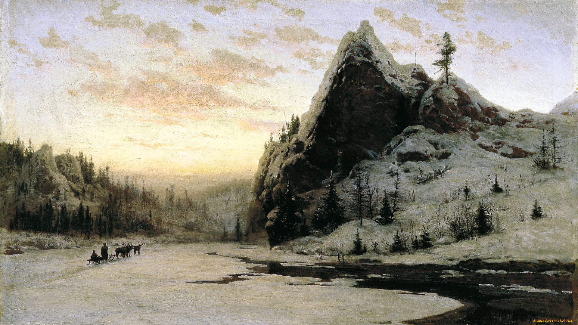 карасев, владимир, -, на, урале, рисованное, живопись, горы, снег, зима, лес, река, сани, олени