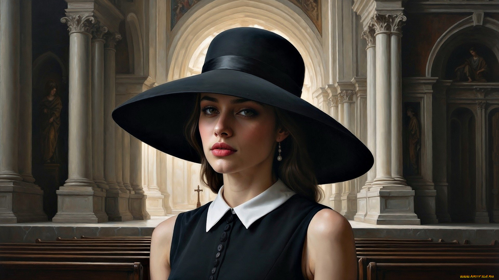 рисованное, люди, костел, брюнетка, шляпа
