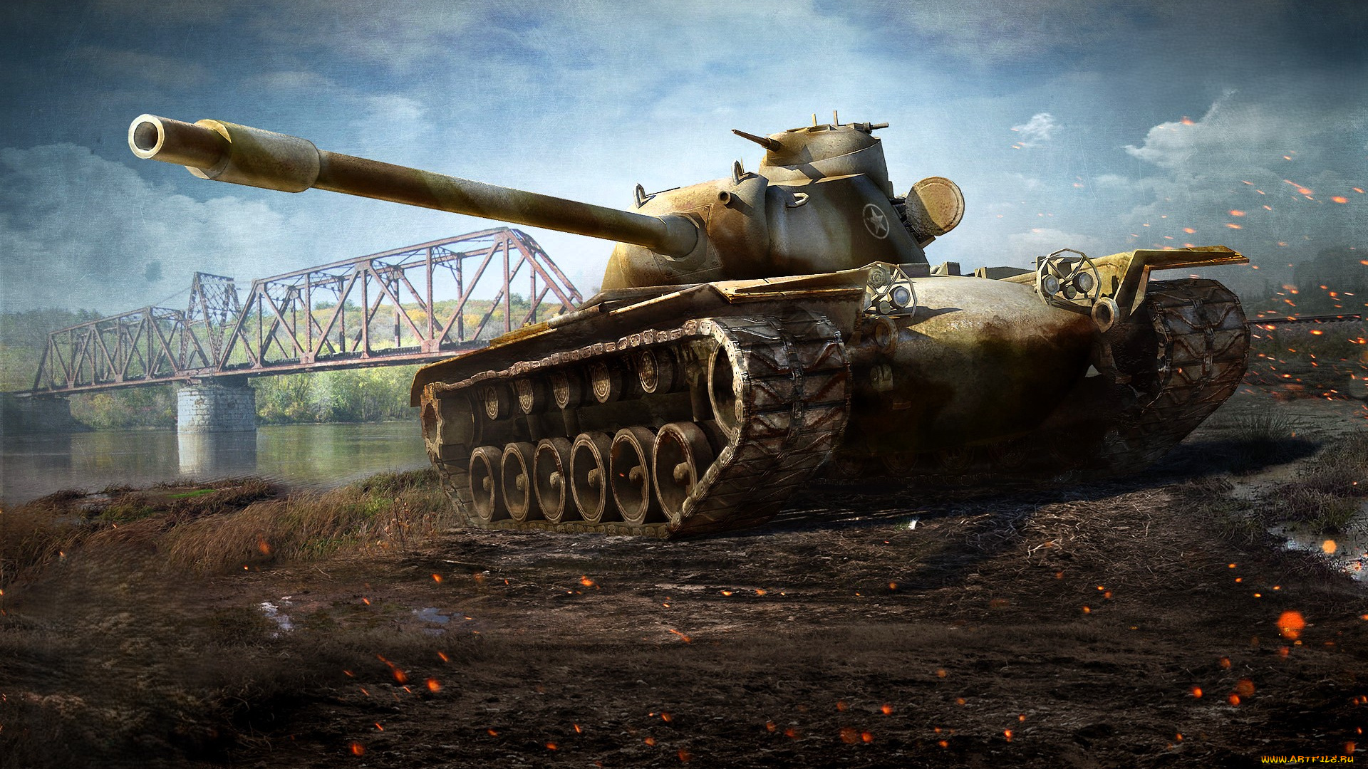 видео, игры, world, of, tanks, танк, мост, река, облака