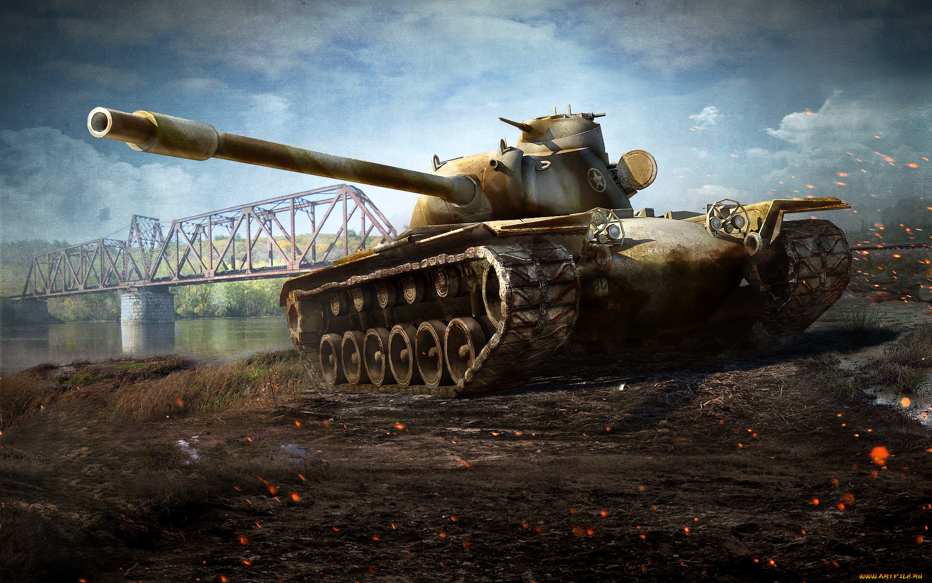 видео, игры, world, of, tanks, танк, мост, река, облака